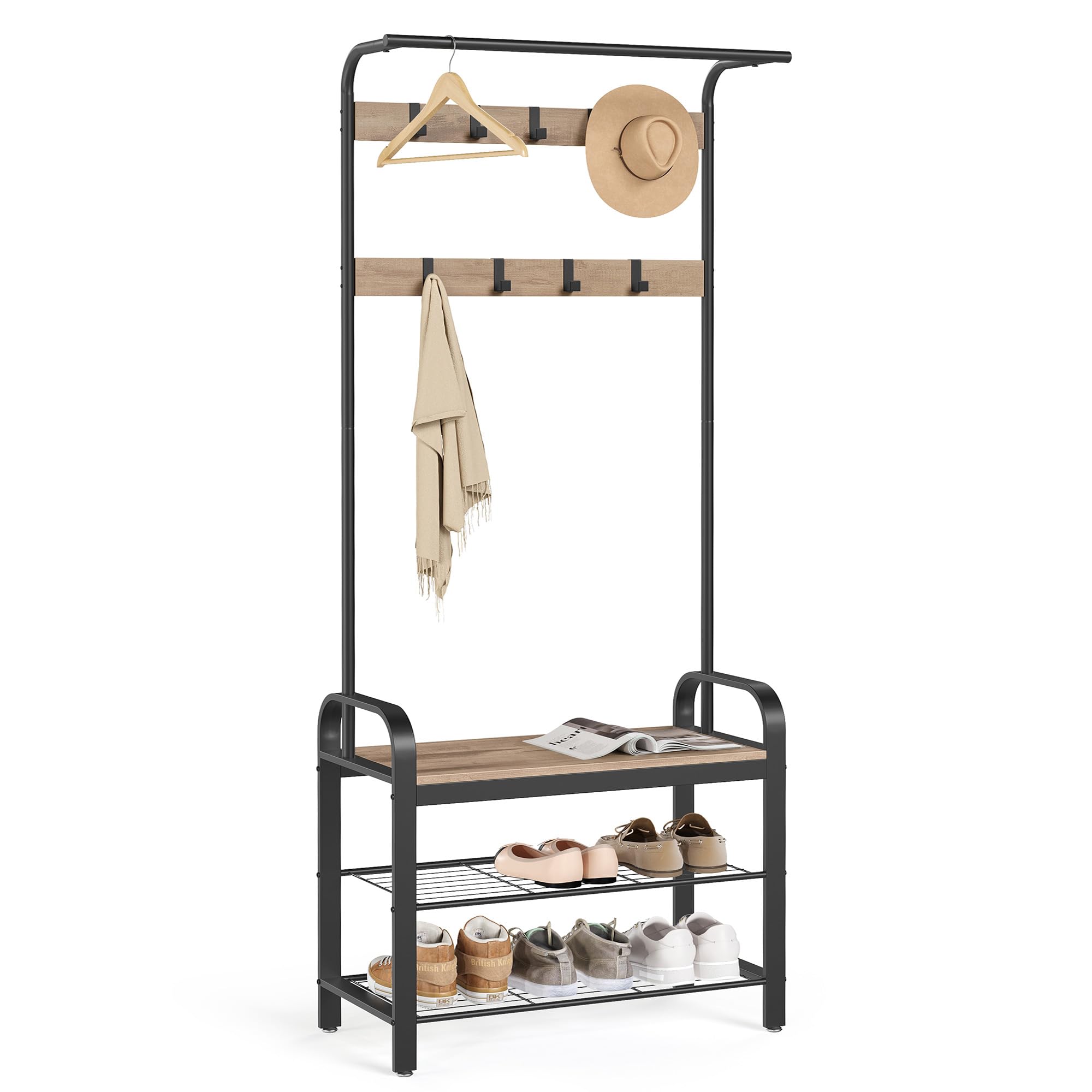 VASAGLE Coat Rack, Coat Stand with Shoe Storage Bench, 4-in-1 Design, with 9 Removable Hooks, a Clothes Rail, for Hallway, Entrance, 34 x 72 x 183 cm, Industrial, Camel Brown and Ink Black HSR040K02