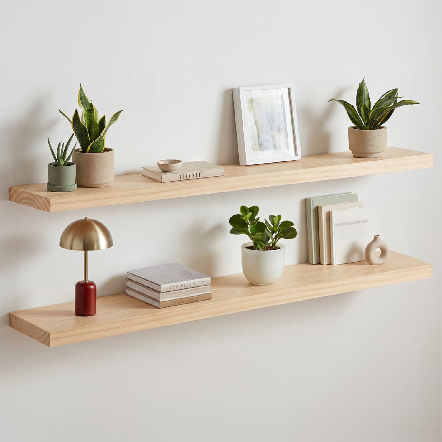 Homeforia White Floating Shelves 24 inch, High End Solid Real Wood 24inch Bathroom Floating Shelf for Wall Mounted, White Wooden 24in Floating Shelves, Heavy Duty Bracket, 24 X 6.5 X 1.75 in, Set of 2