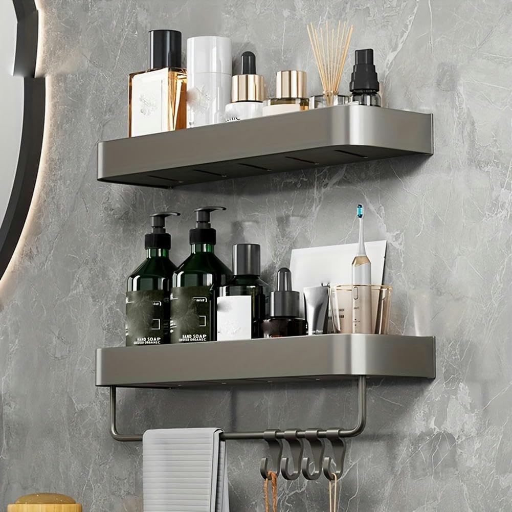 1pc Wall Mounted Bathroom Storage Rack, Aluminum Alloy Bathroom Tray, Shampoo Shower Gel Holder, Bathroom Caddy Organizer, Gray Pallet With Rod-30cm/11.81in