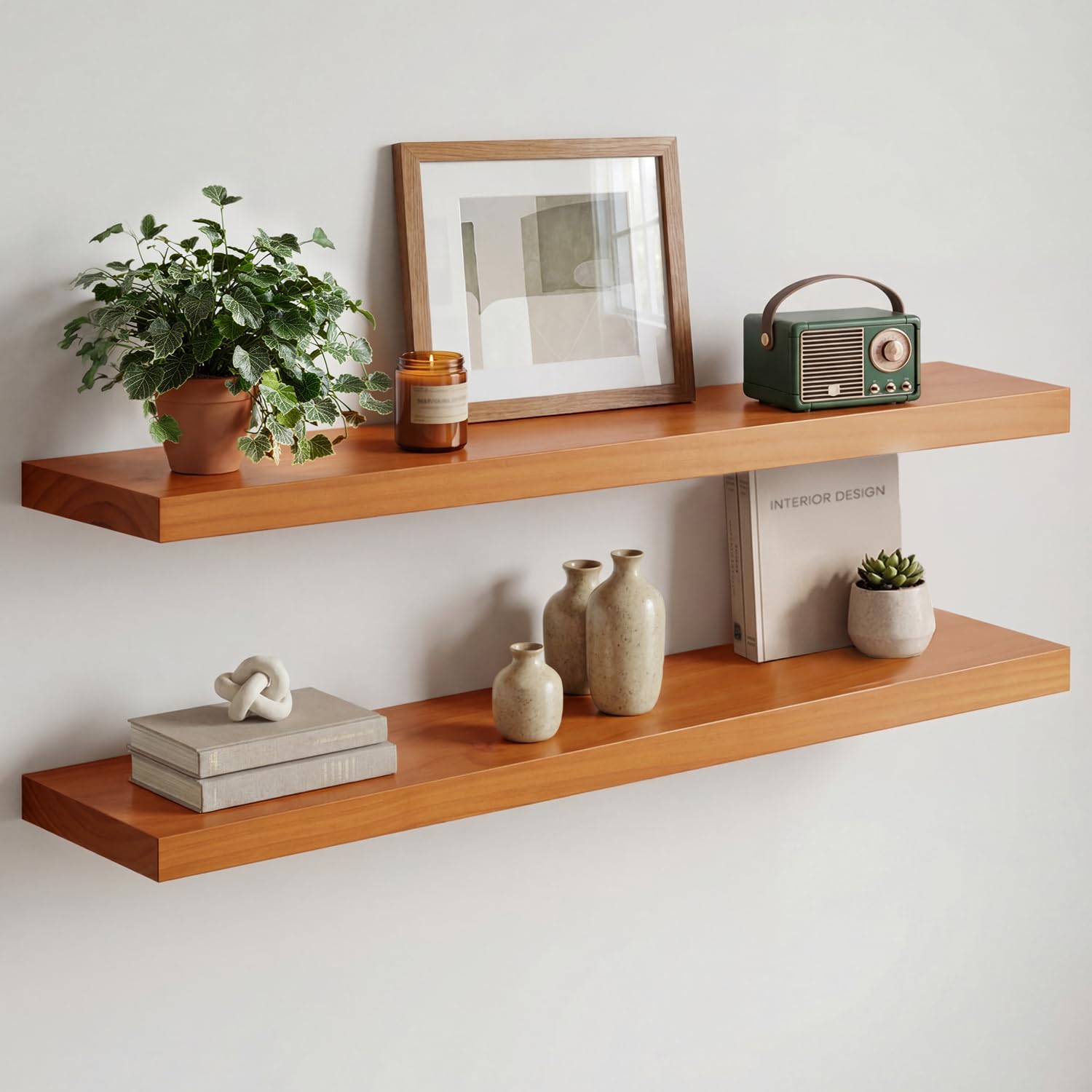 Homeforia White Floating Shelves 24 inch, High End Solid Real Wood 24inch Bathroom Floating Shelf for Wall Mounted, White Wooden 24in Floating Shelves, Heavy Duty Bracket, 24 X 6.5 X 1.75 in, Set of 2