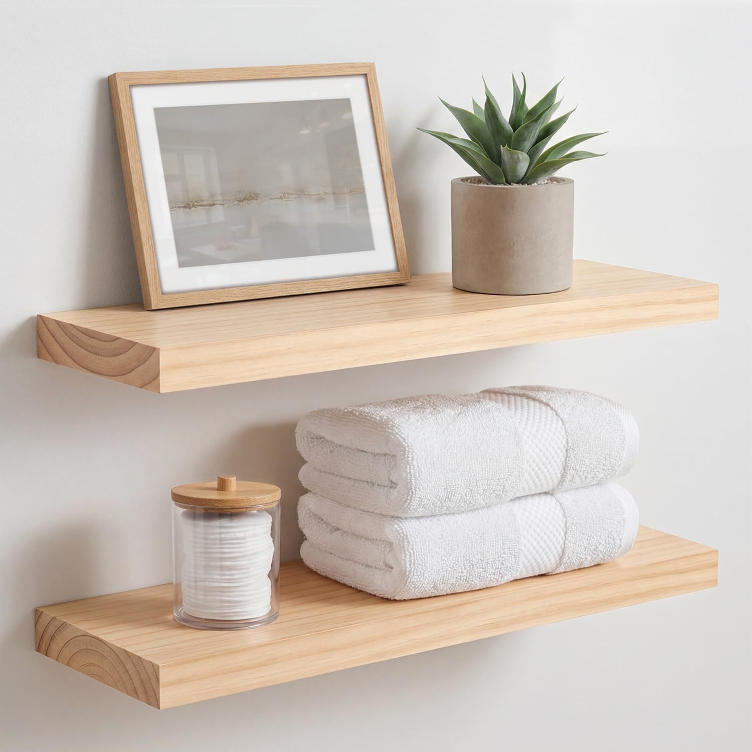 Homeforia White Floating Shelves 24 inch, High End Solid Real Wood 24inch Bathroom Floating Shelf for Wall Mounted, White Wooden 24in Floating Shelves, Heavy Duty Bracket, 24 X 6.5 X 1.75 in, Set of 2