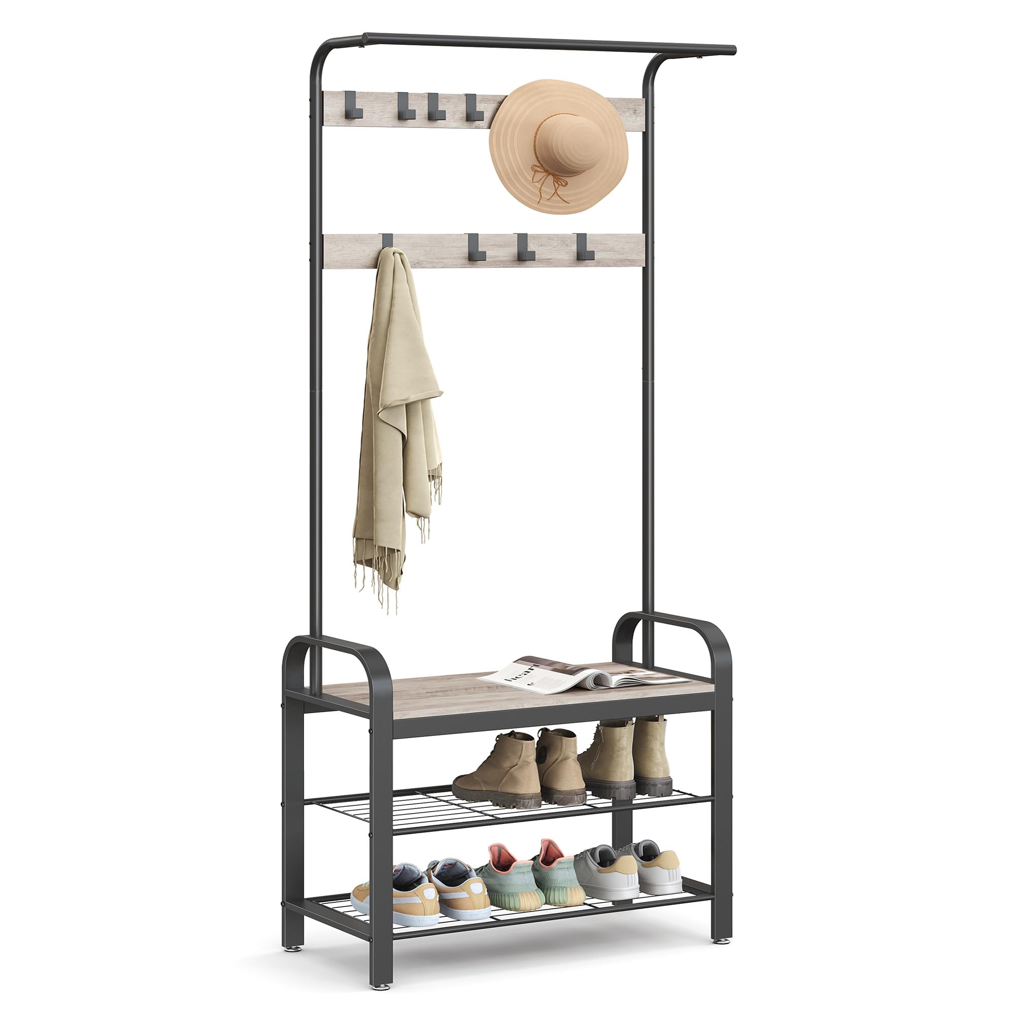 VASAGLE Coat Rack, Coat Stand with Shoe Storage Bench, 4-in-1 Design, with 9 Removable Hooks, a Clothes Rail, for Hallway, Entrance, 34 x 72 x 183 cm, Industrial, Camel Brown and Ink Black HSR040K02