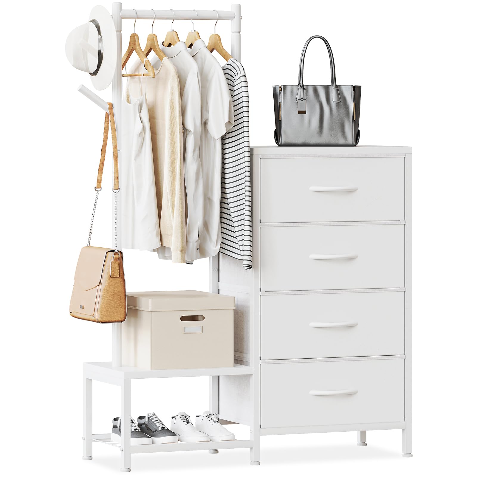 ODK 3 in 1 Chest of Drawers Bedroom, Including 4 Fabric Drawers, with a Sturdy Clothes Rail and 2 Coat Hooks, Double-layer Shoe Rack at the Bottom, Suitable for Bedroom and Entryway, Retro color