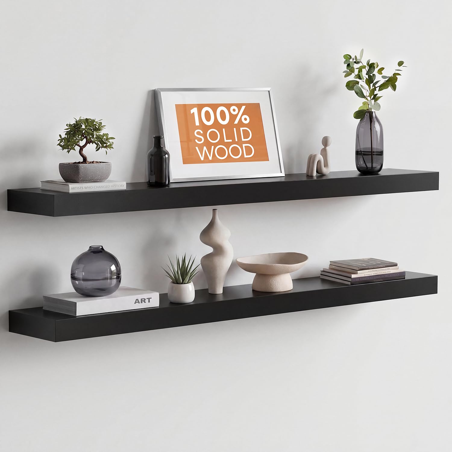 Homeforia White Floating Shelves 24 inch, High End Solid Real Wood 24inch Bathroom Floating Shelf for Wall Mounted, White Wooden 24in Floating Shelves, Heavy Duty Bracket, 24 X 6.5 X 1.75 in, Set of 2