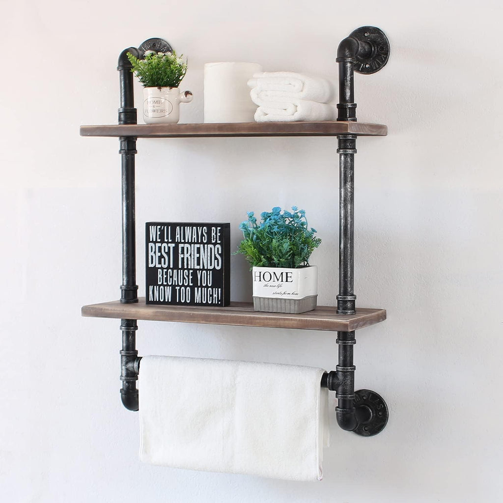 MBQQ Shelving Bathroom Pipe Shelves with Towel Bar Over Toilet, 24 inch Pine Wood Floating Shelves for Wall Mounted Bedroom,Kitchen, Farmhouse, Living Room