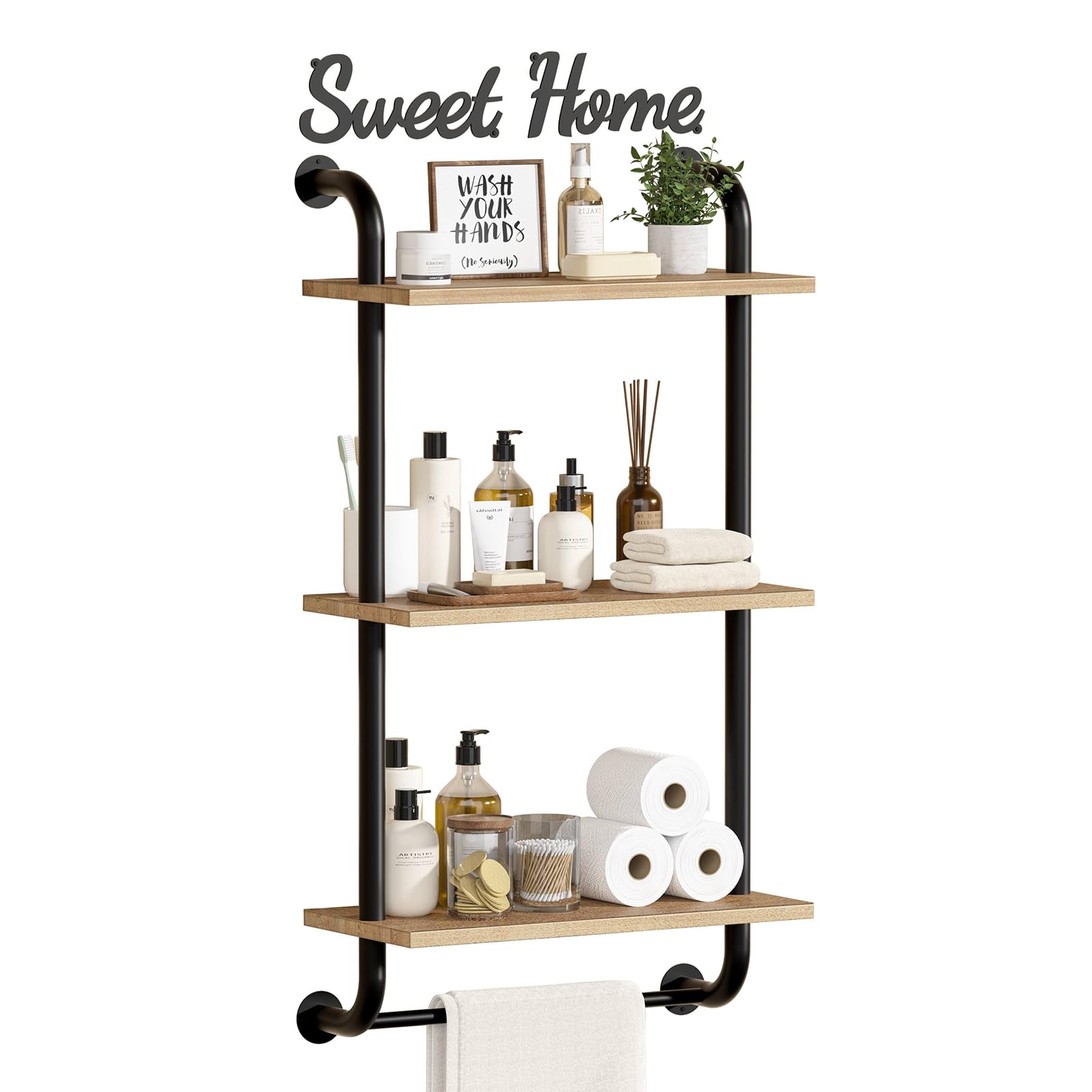 Tinpin Bathroom Shelves Wall Mounted, Rustic Farmhouse Pipe Shelves, 2-Tier, Industrial Shelving Over Toilet, Floating Shelf Decor for Bathroom, Kitchen, Bedroom, Living Room 17.3 inch