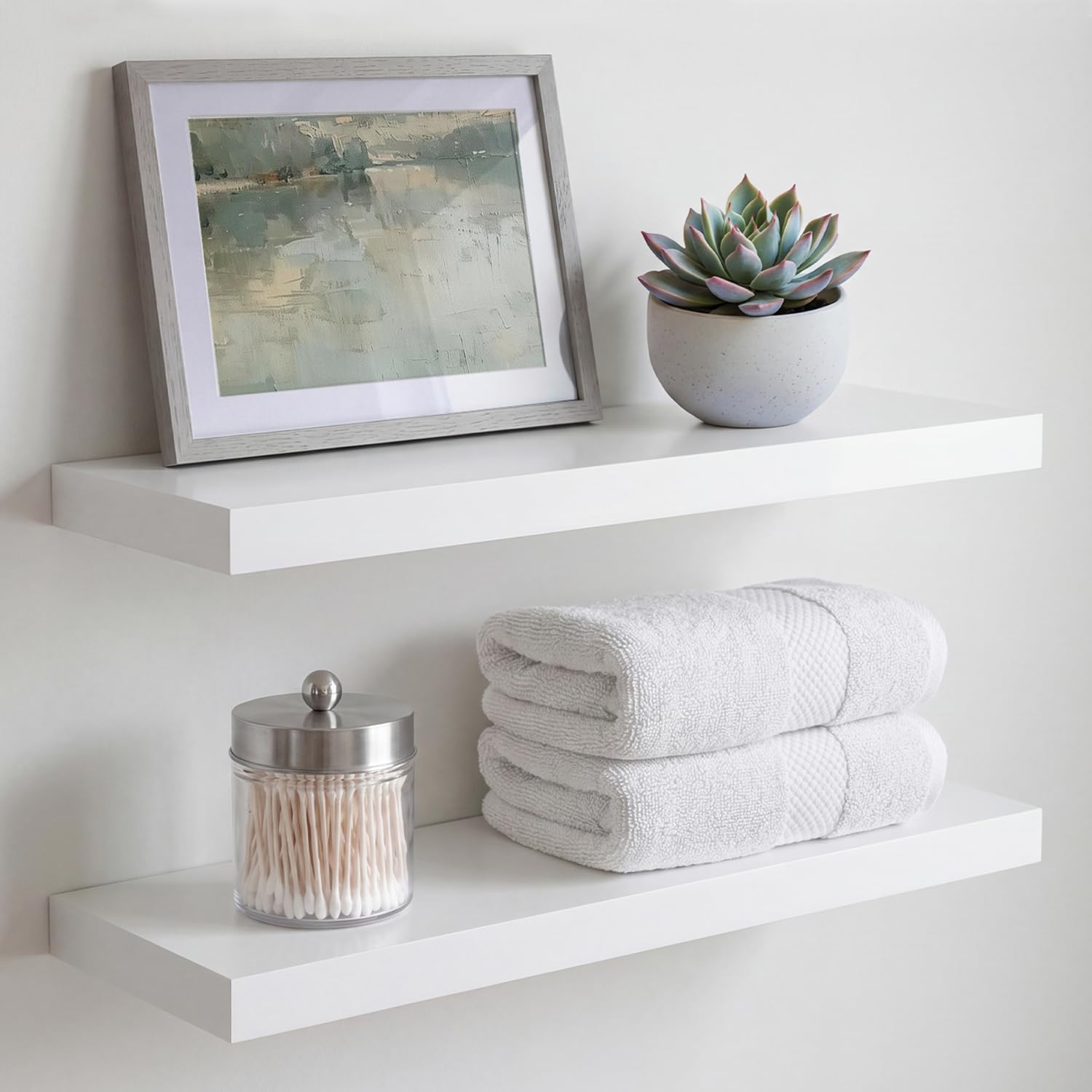 Homeforia White Floating Shelves 24 inch, High End Solid Real Wood 24inch Bathroom Floating Shelf for Wall Mounted, White Wooden 24in Floating Shelves, Heavy Duty Bracket, 24 X 6.5 X 1.75 in, Set of 2