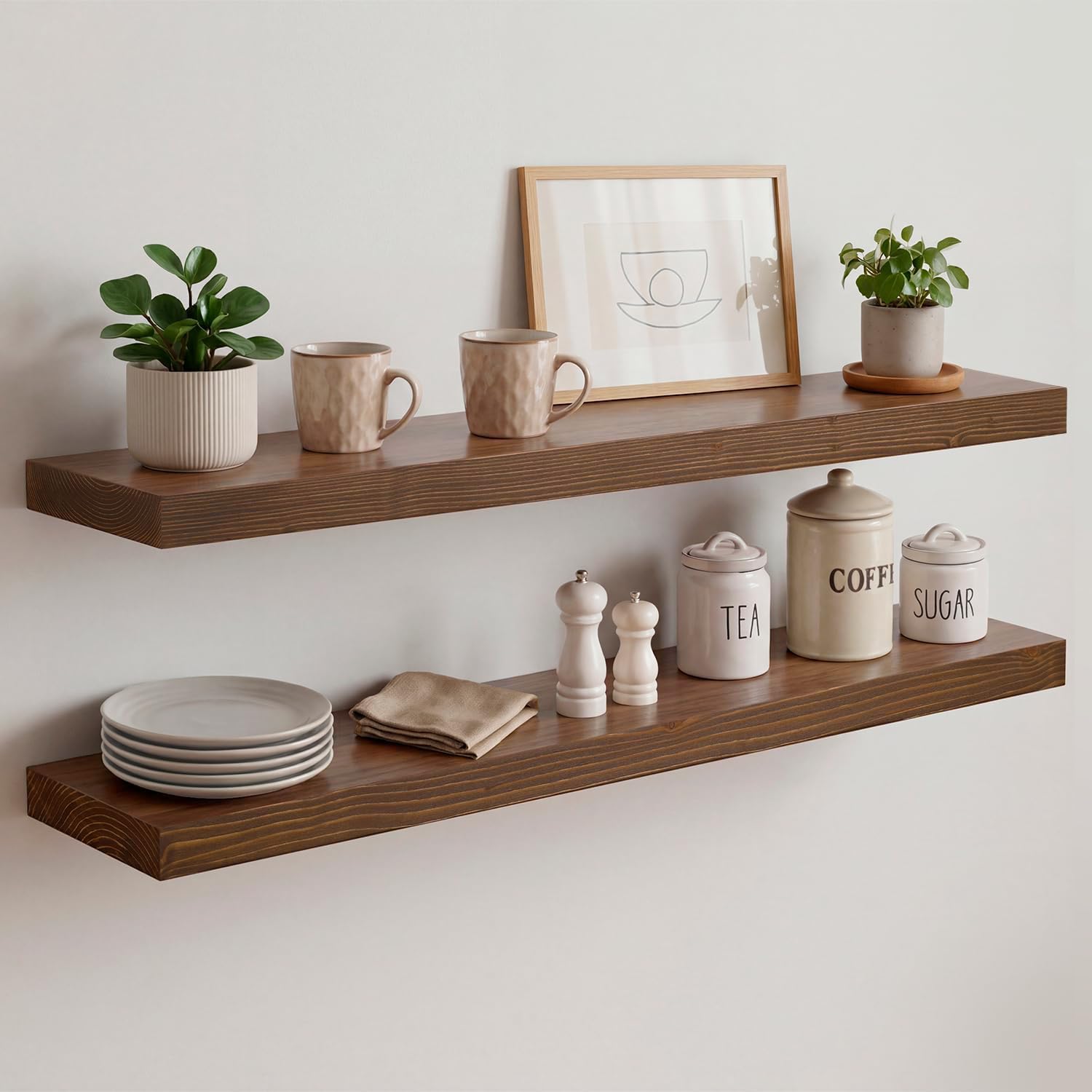Homeforia White Floating Shelves 24 inch, High End Solid Real Wood 24inch Bathroom Floating Shelf for Wall Mounted, White Wooden 24in Floating Shelves, Heavy Duty Bracket, 24 X 6.5 X 1.75 in, Set of 2