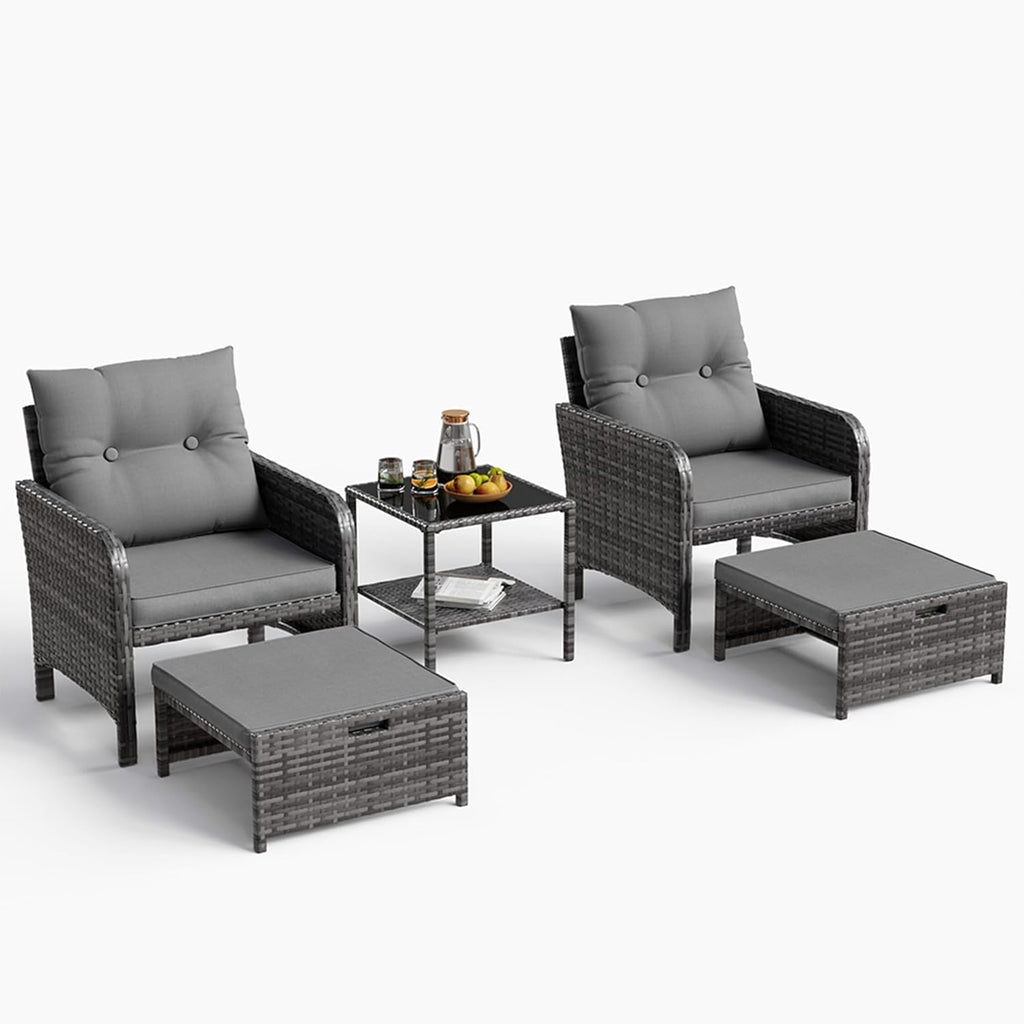 5-Piece Grey PE Rattan Patio Set with Ottomans, Coffee Table & Thick Cushions for Garden Balcony