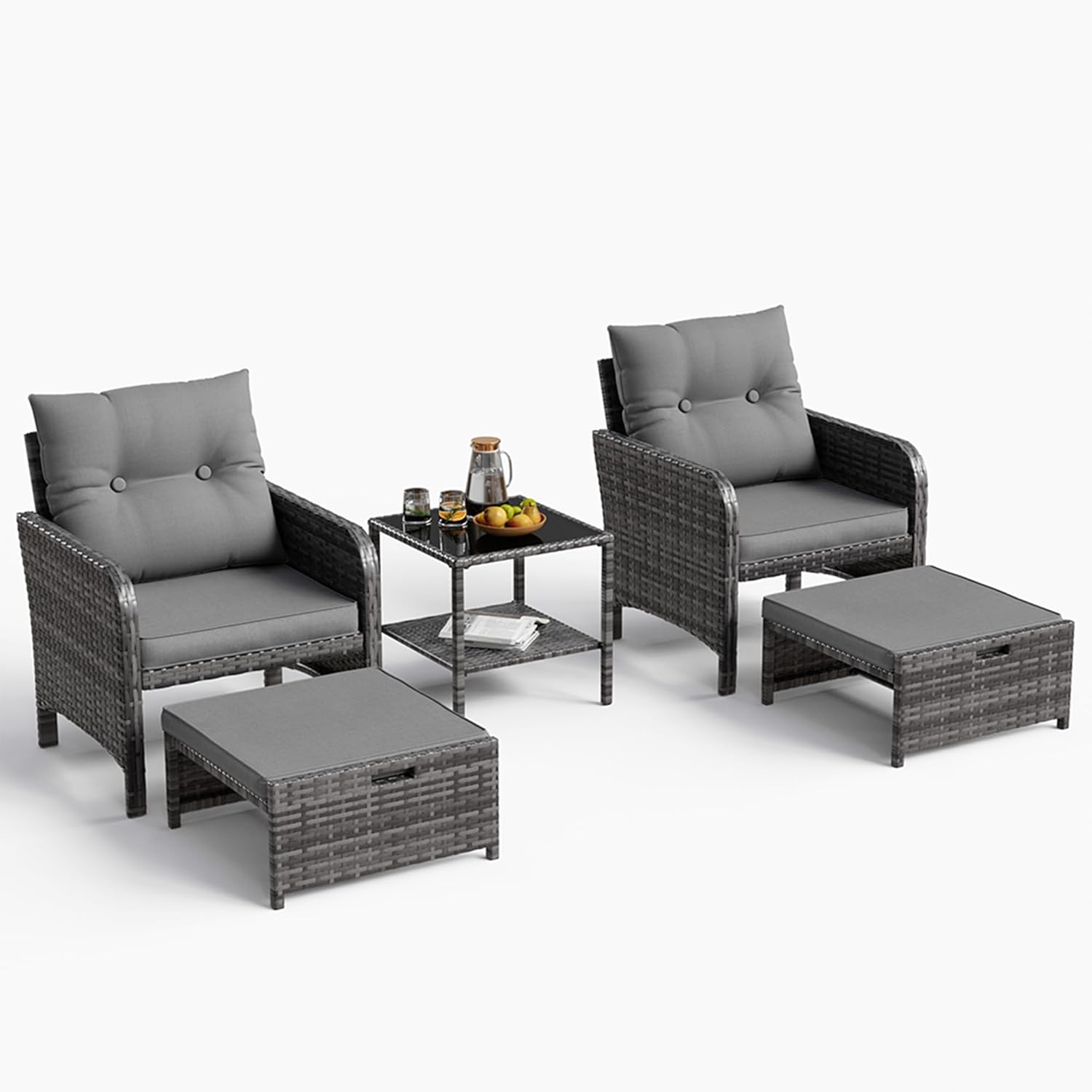 5-Piece Grey PE Rattan Patio Set with Ottomans, Coffee Table & Thick Cushions for Garden Balcony
