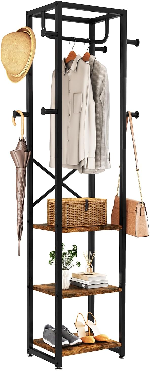 IBUYKE Coat Rack, Freestanding Coat Stand with 3 Shelves and 8 Hooks, Industrial Clothes Stand for Entryway, Hallway, Bedroom, 180 x 40 x 30 cm, Rustic Brown TMJ088H