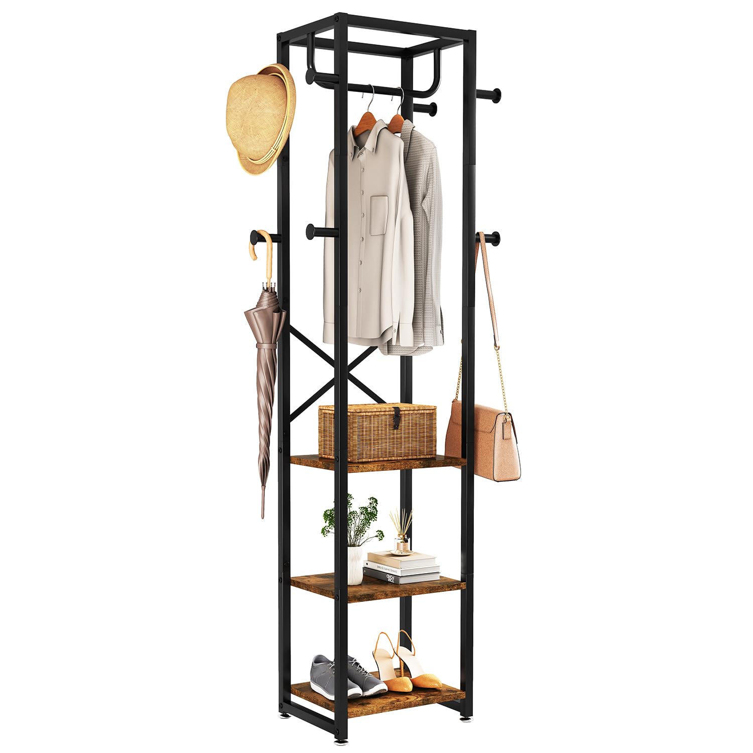 IBUYKE Coat Rack, Freestanding Coat Stand with 3 Shelves and 8 Hooks, Industrial Clothes Stand for Entryway, Hallway, Bedroom, 180 x 40 x 30 cm, Rustic Brown TMJ088H