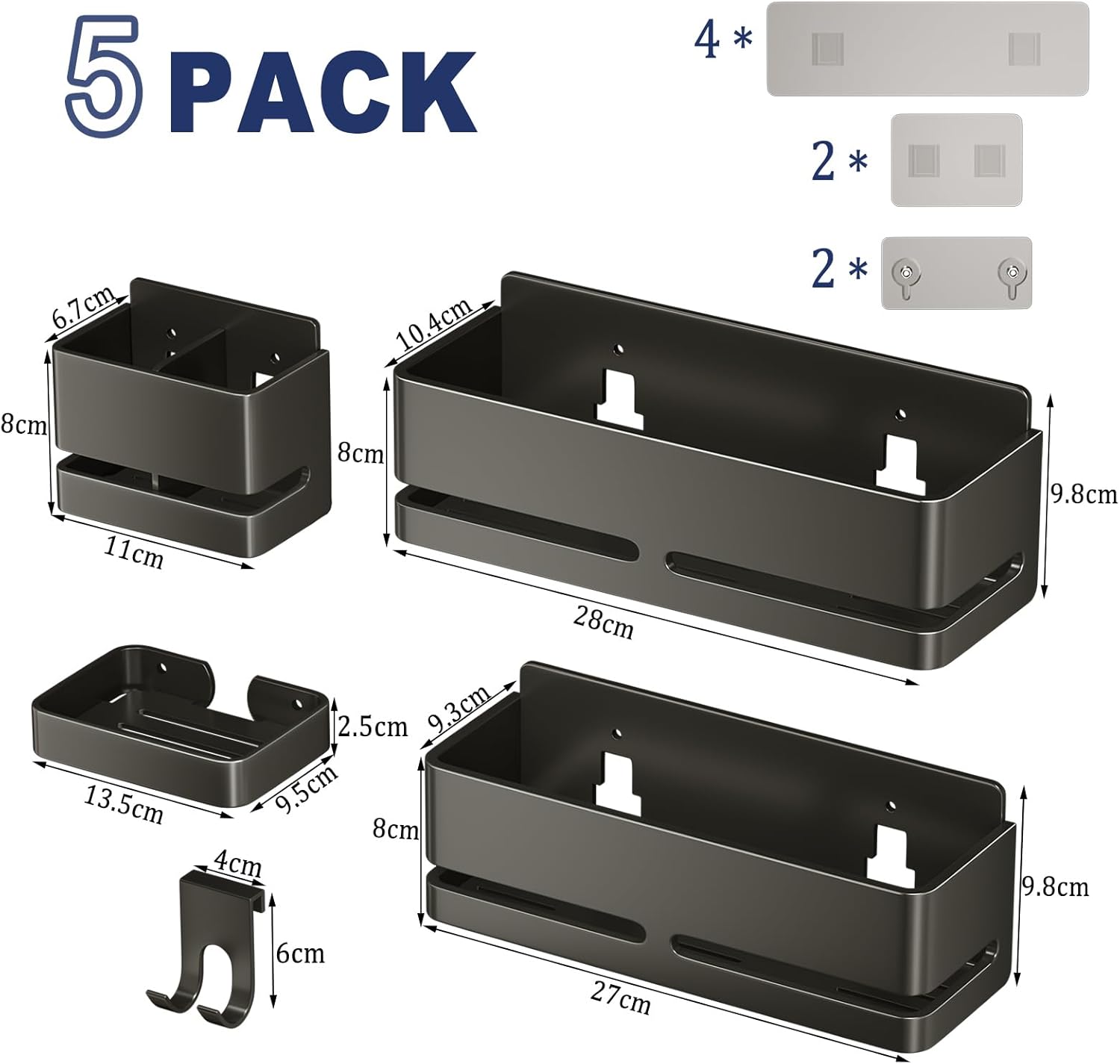 Bathroom Storage Rack (5-piece set), wall-mounted shelf with soap dish and toothbrush holder, no drilling required, ideal for bathroom storage and also suitable for kitchen (Grey)