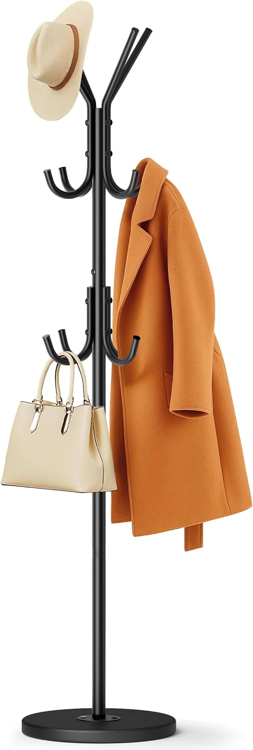 MISSLO Heavy Duty Coat Rack Freestanding with Stable Wood Base, Metal Coat Stands for Hallway & Small Space with 12 Hooks, Adjustable Clothes Hanger Stand Coat Tree for Jackets, Hats, Bags, Black