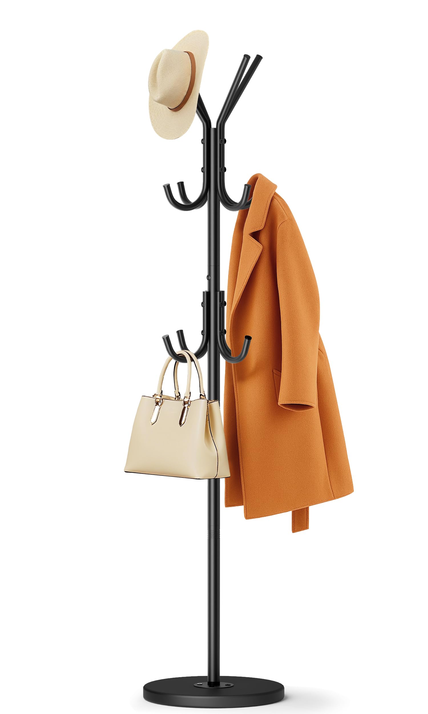 MISSLO Heavy Duty Coat Rack Freestanding with Stable Wood Base, Metal Coat Stands for Hallway & Small Space with 12 Hooks, Adjustable Clothes Hanger Stand Coat Tree for Jackets, Hats, Bags, Black
