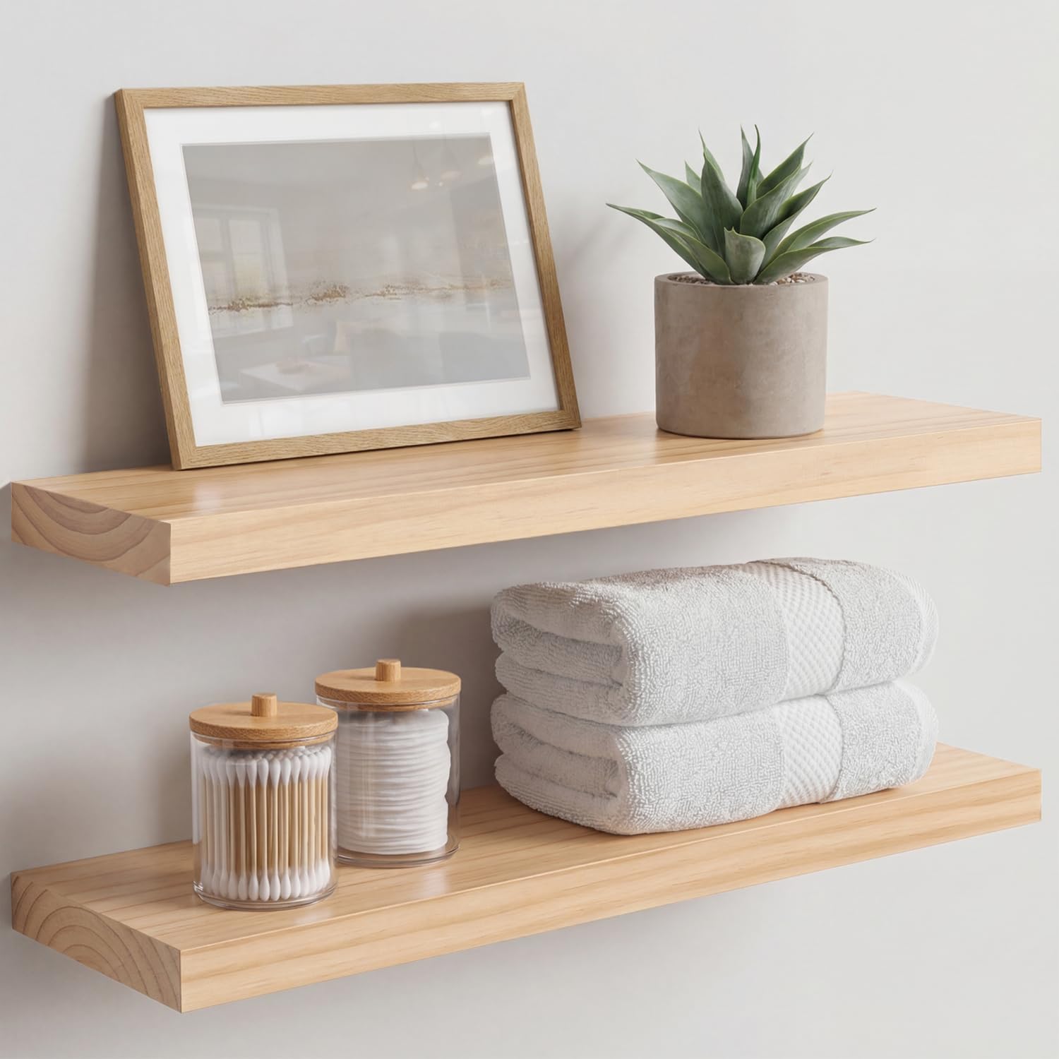 Homeforia White Floating Shelves 24 inch, High End Solid Real Wood 24inch Bathroom Floating Shelf for Wall Mounted, White Wooden 24in Floating Shelves, Heavy Duty Bracket, 24 X 6.5 X 1.75 in, Set of 2
