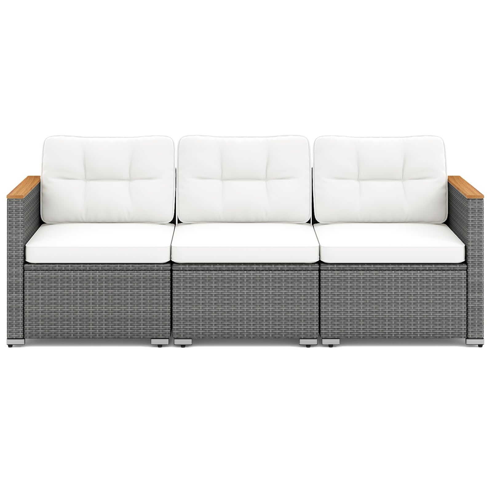 COSTWAY 3-Seater Garden Rattan Sofa, 3-Piece Sectional Patio Sofa Couch with Thick Cushions and Armrests, All-Weather Wicker Weave Outdoor Seating Bench Furniture (Mixed Brown+Off White, 193x67x61cm)