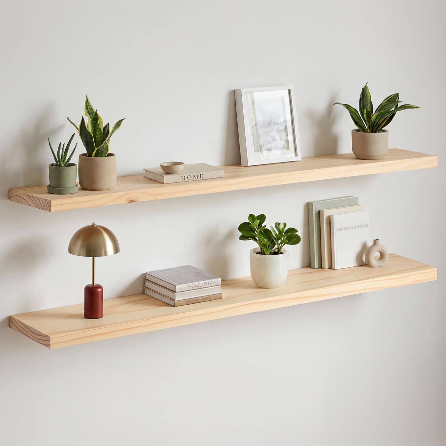 Homeforia White Floating Shelves 24 inch, High End Solid Real Wood 24inch Bathroom Floating Shelf for Wall Mounted, White Wooden 24in Floating Shelves, Heavy Duty Bracket, 24 X 6.5 X 1.75 in, Set of 2