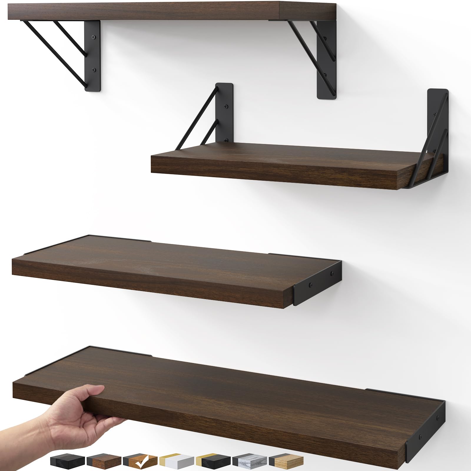 23in Rustic Brown Floating Shelves, Set of 4 Wall Mount Wood Shelves for Bedroom Bathroom Kitchen