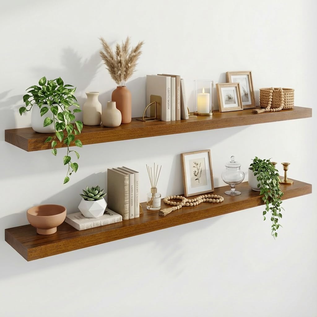 IAE Walnut Floating Wall Shelves 16 inch, Bathroom Shelves Wall Mounted,Invisible Shelf Floating Kitchen Shelves,Wooden Wall Shelving with Brackets for Living Room Wall Mounted,Easy Install,Set of 2