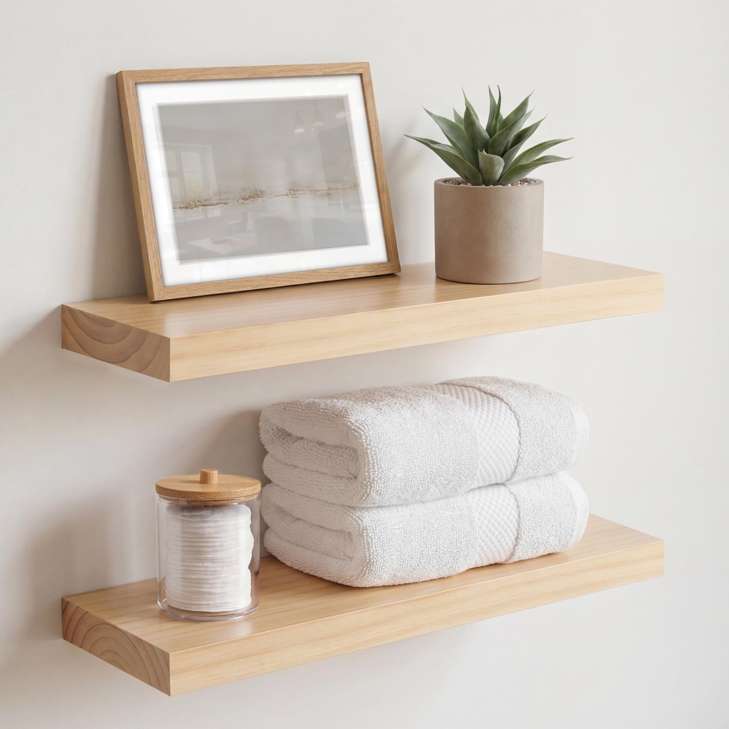 Homeforia White Floating Shelves 24 inch, High End Solid Real Wood 24inch Bathroom Floating Shelf for Wall Mounted, White Wooden 24in Floating Shelves, Heavy Duty Bracket, 24 X 6.5 X 1.75 in, Set of 2