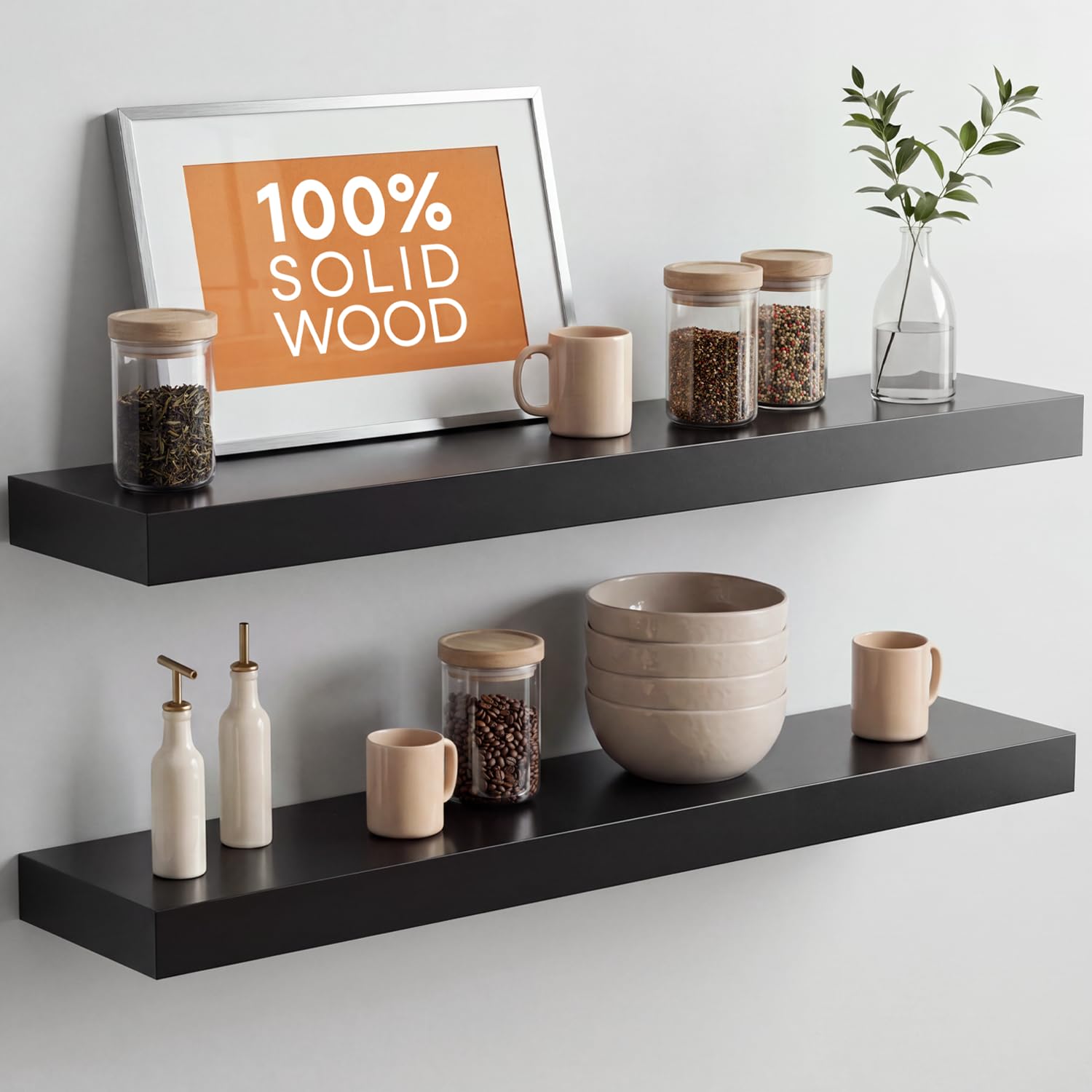 Homeforia White Floating Shelves 24 inch, High End Solid Real Wood 24inch Bathroom Floating Shelf for Wall Mounted, White Wooden 24in Floating Shelves, Heavy Duty Bracket, 24 X 6.5 X 1.75 in, Set of 2