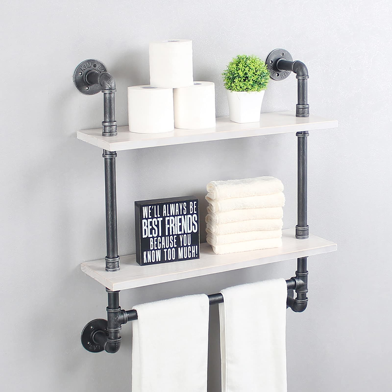 MBQQ Shelving Bathroom Pipe Shelves with Towel Bar Over Toilet, 24 inch Pine Wood Floating Shelves for Wall Mounted Bedroom,Kitchen, Farmhouse, Living Room