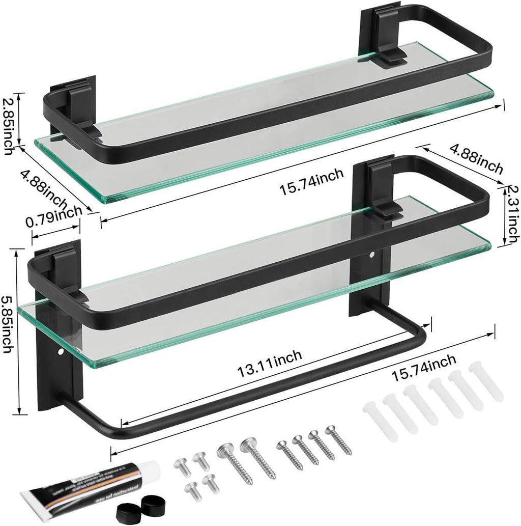 VOLPONE Glass Bathroom Shelf with Towel Bar 15.7in Bathroom Wall Shelves Rustproof Metal Bathroom Wall Organizer 2-Tier (Black)