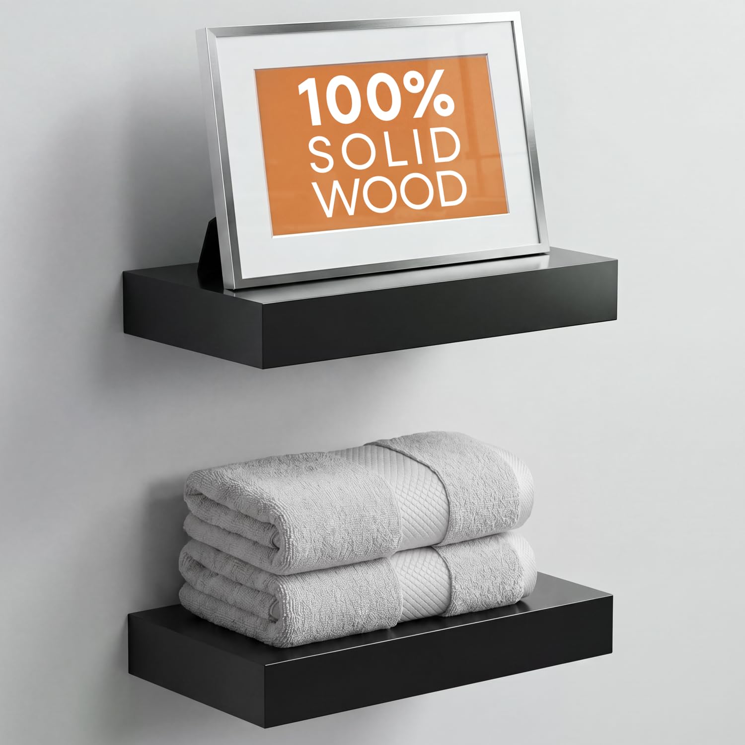 Homeforia White Floating Shelves 24 inch, High End Solid Real Wood 24inch Bathroom Floating Shelf for Wall Mounted, White Wooden 24in Floating Shelves, Heavy Duty Bracket, 24 X 6.5 X 1.75 in, Set of 2