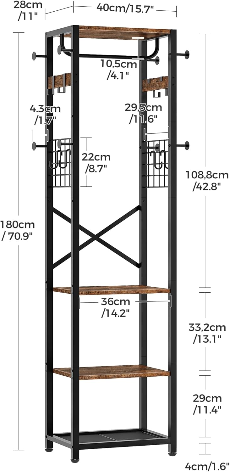 CHOEZON Coat Rack Freestanding, Hall Tree with 3 Storage Shelves, Coat Stand with 16 Hooks and Hanging Rail, Industrial Clothes Stand for Entryway, Hallway, Bedroom, Rustic Brown and Black DTYM18BF