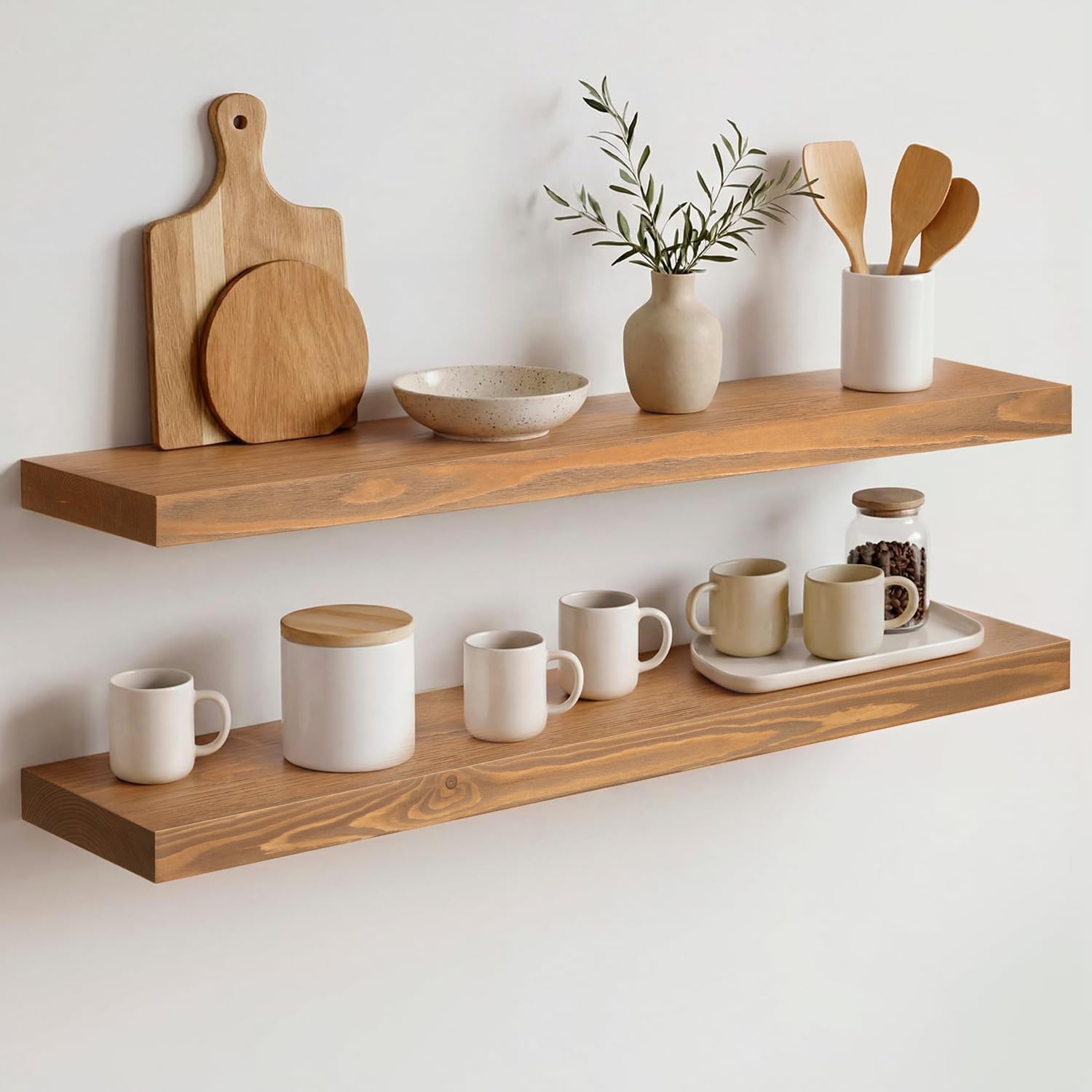 Homeforia White Floating Shelves 24 inch, High End Solid Real Wood 24inch Bathroom Floating Shelf for Wall Mounted, White Wooden 24in Floating Shelves, Heavy Duty Bracket, 24 X 6.5 X 1.75 in, Set of 2