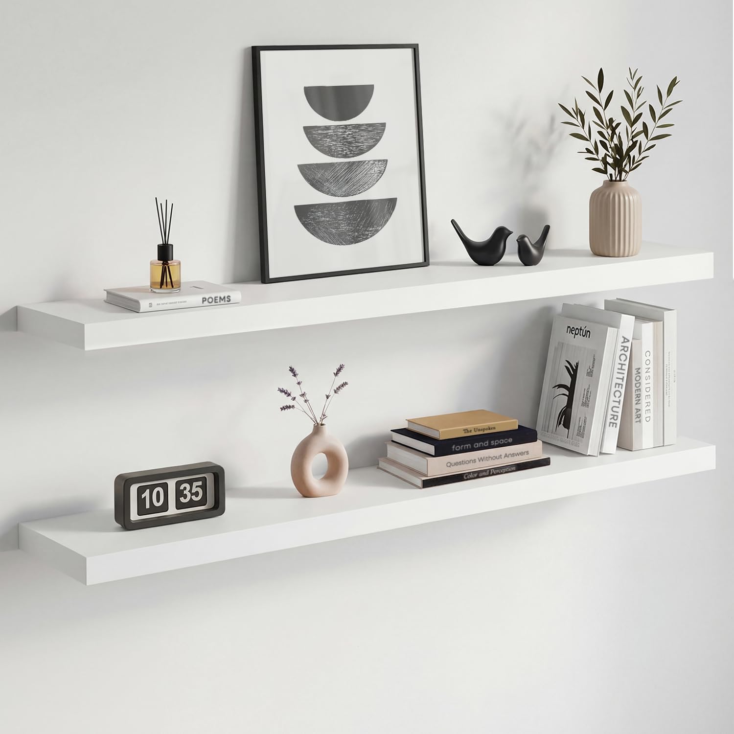 Homeforia White Floating Shelves 24 inch, High End Solid Real Wood 24inch Bathroom Floating Shelf for Wall Mounted, White Wooden 24in Floating Shelves, Heavy Duty Bracket, 24 X 6.5 X 1.75 in, Set of 2