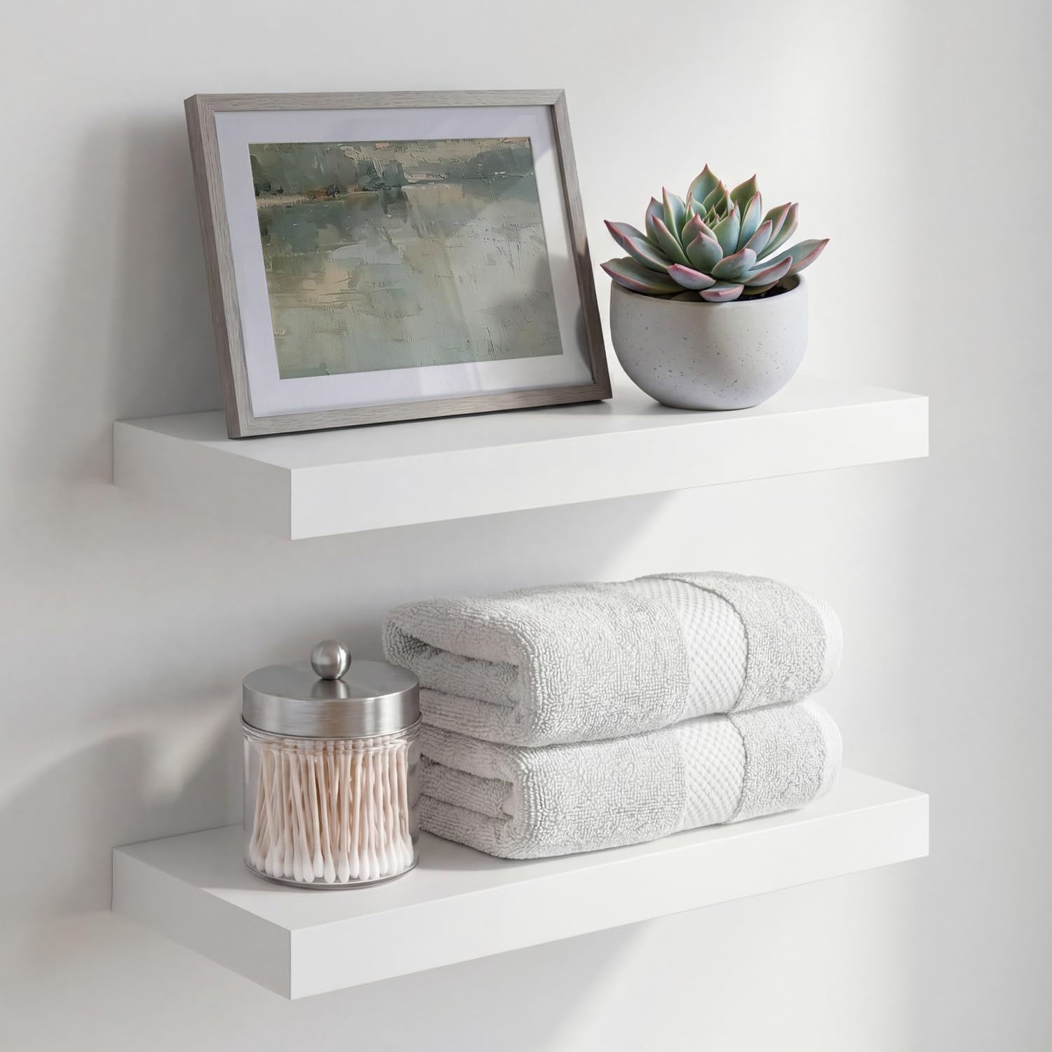 Homeforia White Floating Shelves 24 inch, High End Solid Real Wood 24inch Bathroom Floating Shelf for Wall Mounted, White Wooden 24in Floating Shelves, Heavy Duty Bracket, 24 X 6.5 X 1.75 in, Set of 2