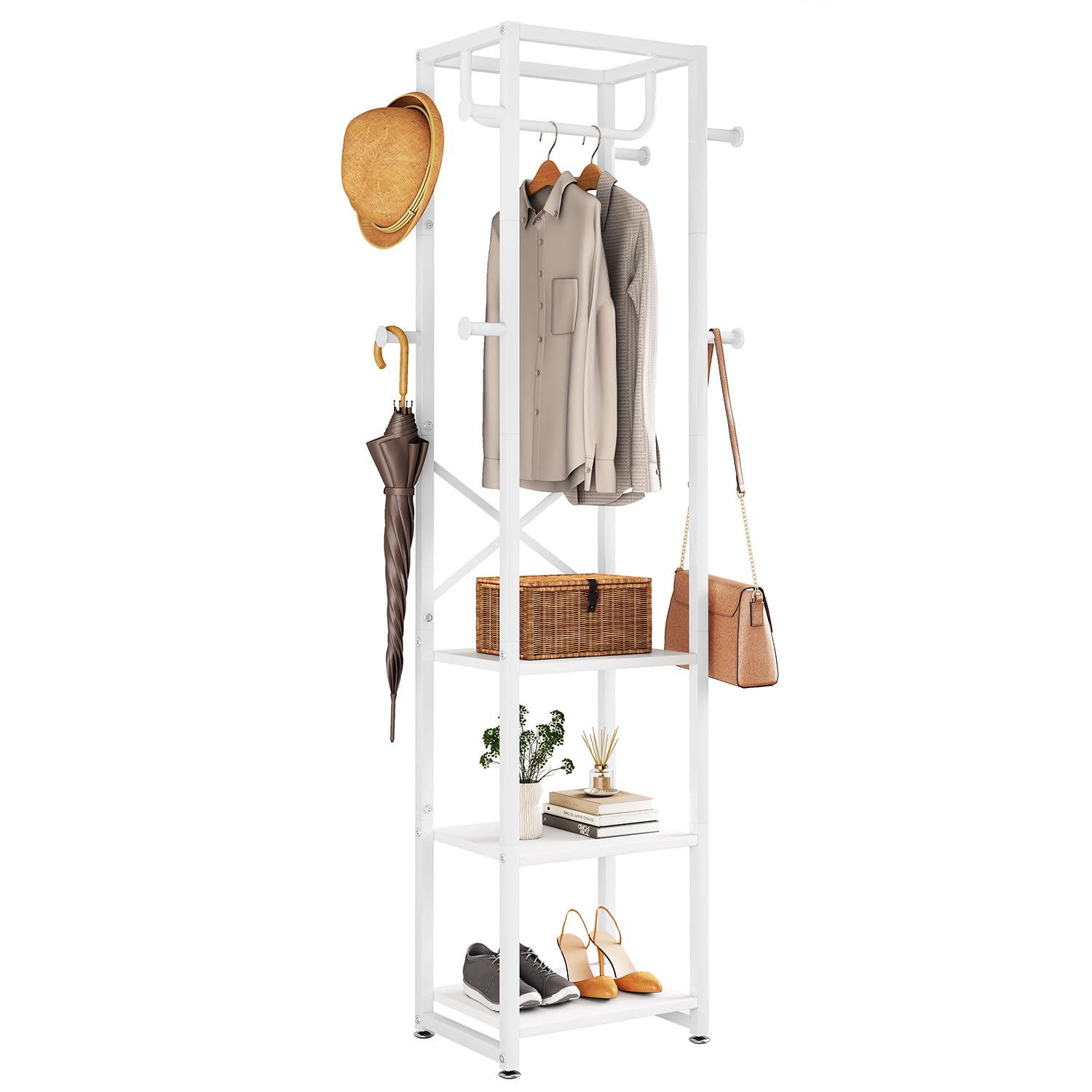 IBUYKE Coat Rack, Freestanding Coat Stand with 3 Shelves and 8 Hooks, Industrial Clothes Stand for Entryway, Hallway, Bedroom, 180 x 40 x 30 cm, Rustic Brown TMJ088H