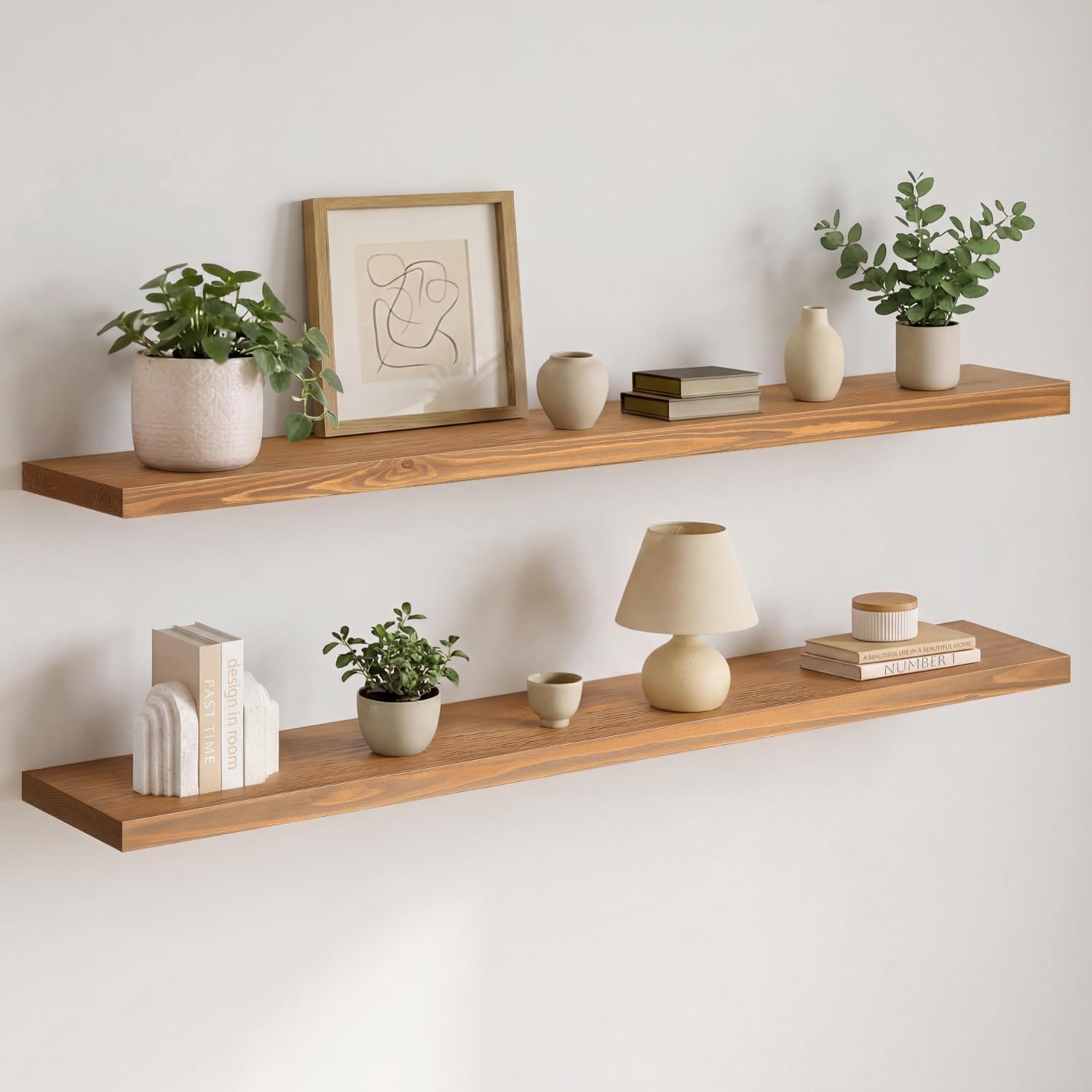 Homeforia White Floating Shelves 24 inch, High End Solid Real Wood 24inch Bathroom Floating Shelf for Wall Mounted, White Wooden 24in Floating Shelves, Heavy Duty Bracket, 24 X 6.5 X 1.75 in, Set of 2