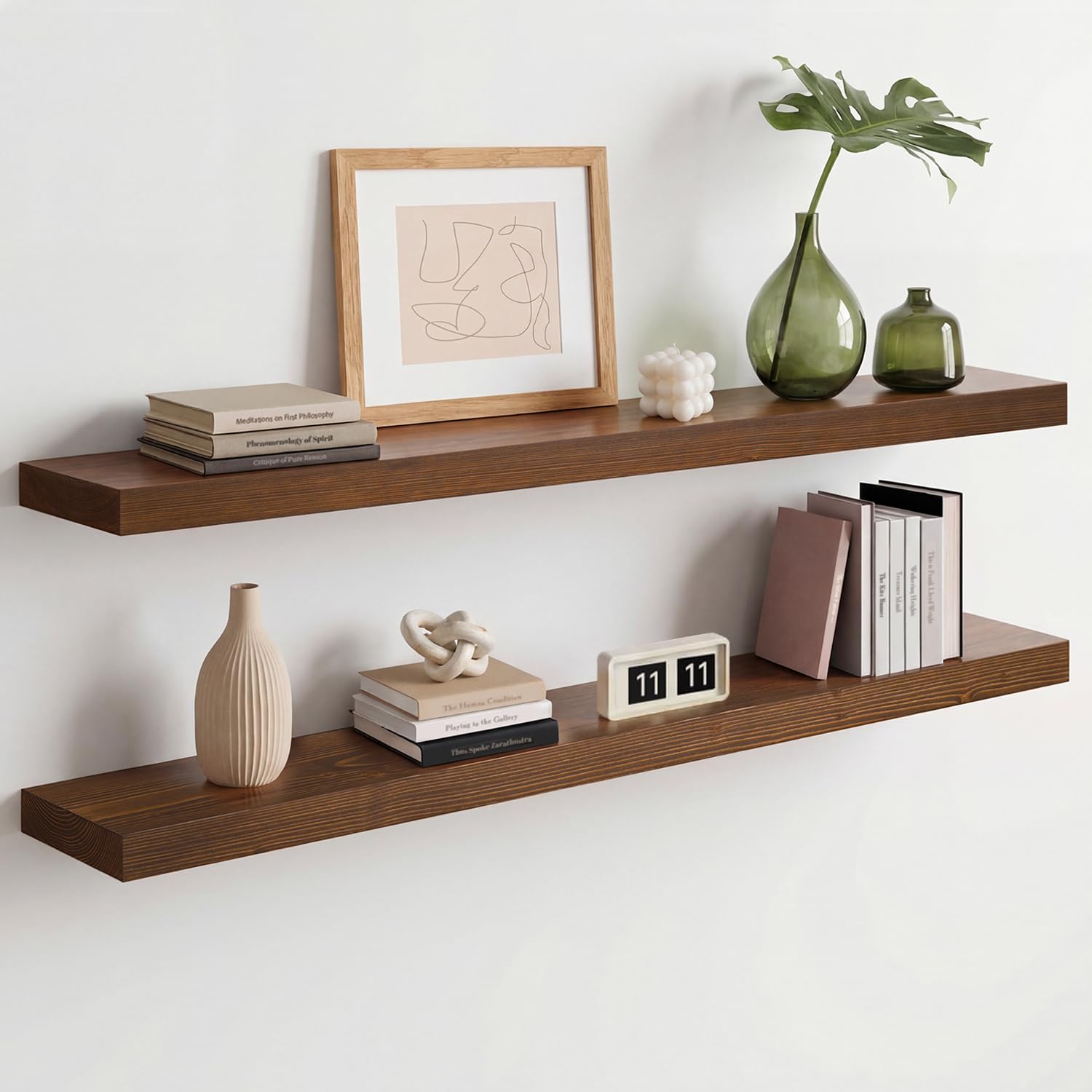 Homeforia White Floating Shelves 24 inch, High End Solid Real Wood 24inch Bathroom Floating Shelf for Wall Mounted, White Wooden 24in Floating Shelves, Heavy Duty Bracket, 24 X 6.5 X 1.75 in, Set of 2