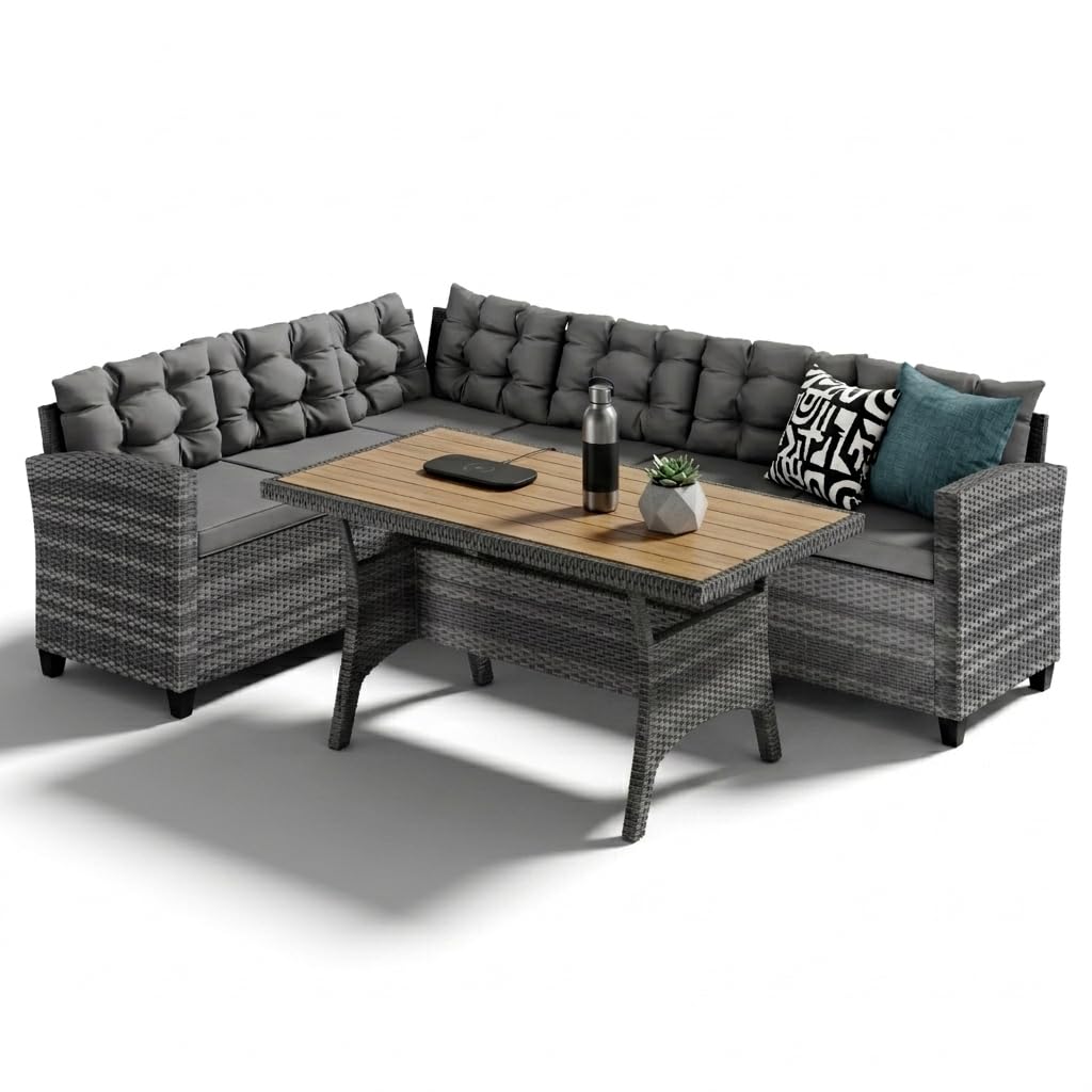 CASARIA® Lisbon Polyrattan Garden Corner Lounge Dining Table Set | Bench WPC Table Top 7cm Thick Seat Cushions | Weatherproof Outdoor Patio Seating Group Garden Furniture | Cream
