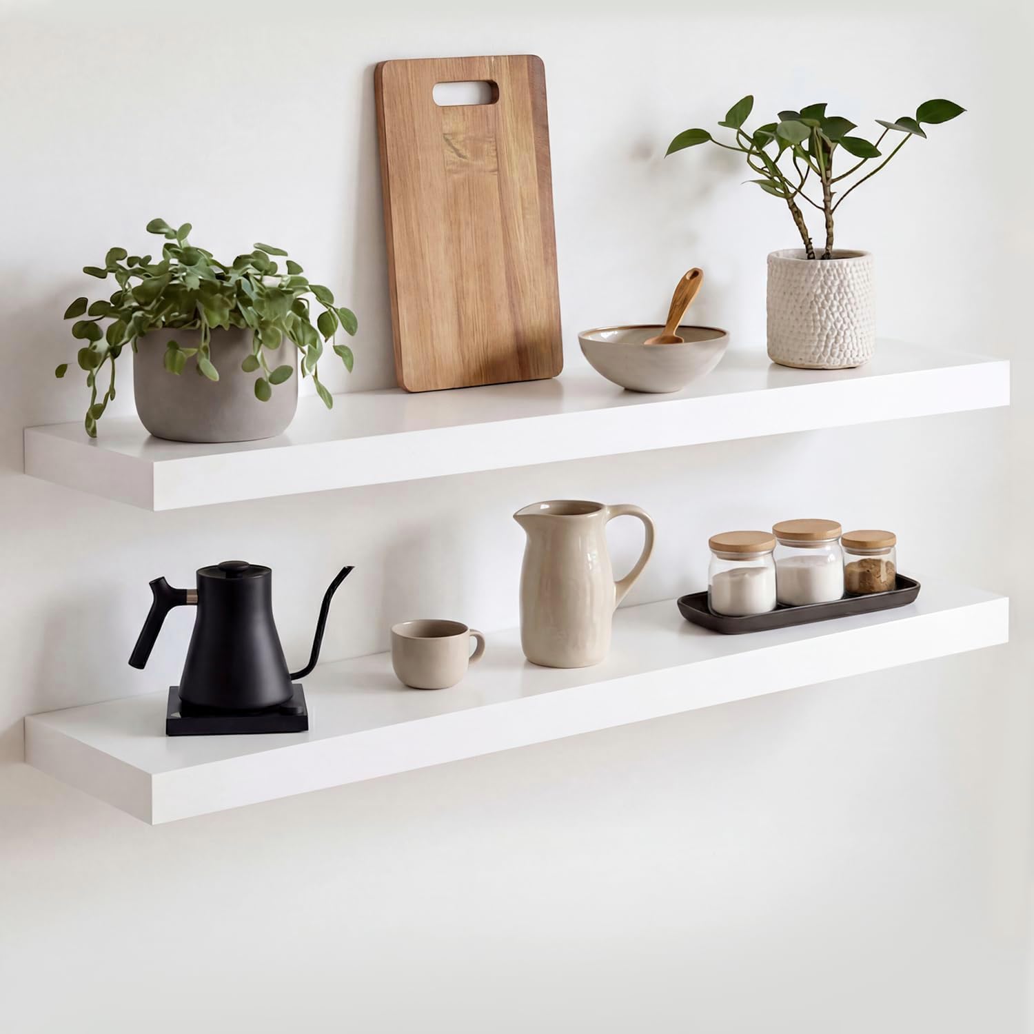 Homeforia White Floating Shelves 24 inch, High End Solid Real Wood 24inch Bathroom Floating Shelf for Wall Mounted, White Wooden 24in Floating Shelves, Heavy Duty Bracket, 24 X 6.5 X 1.75 in, Set of 2