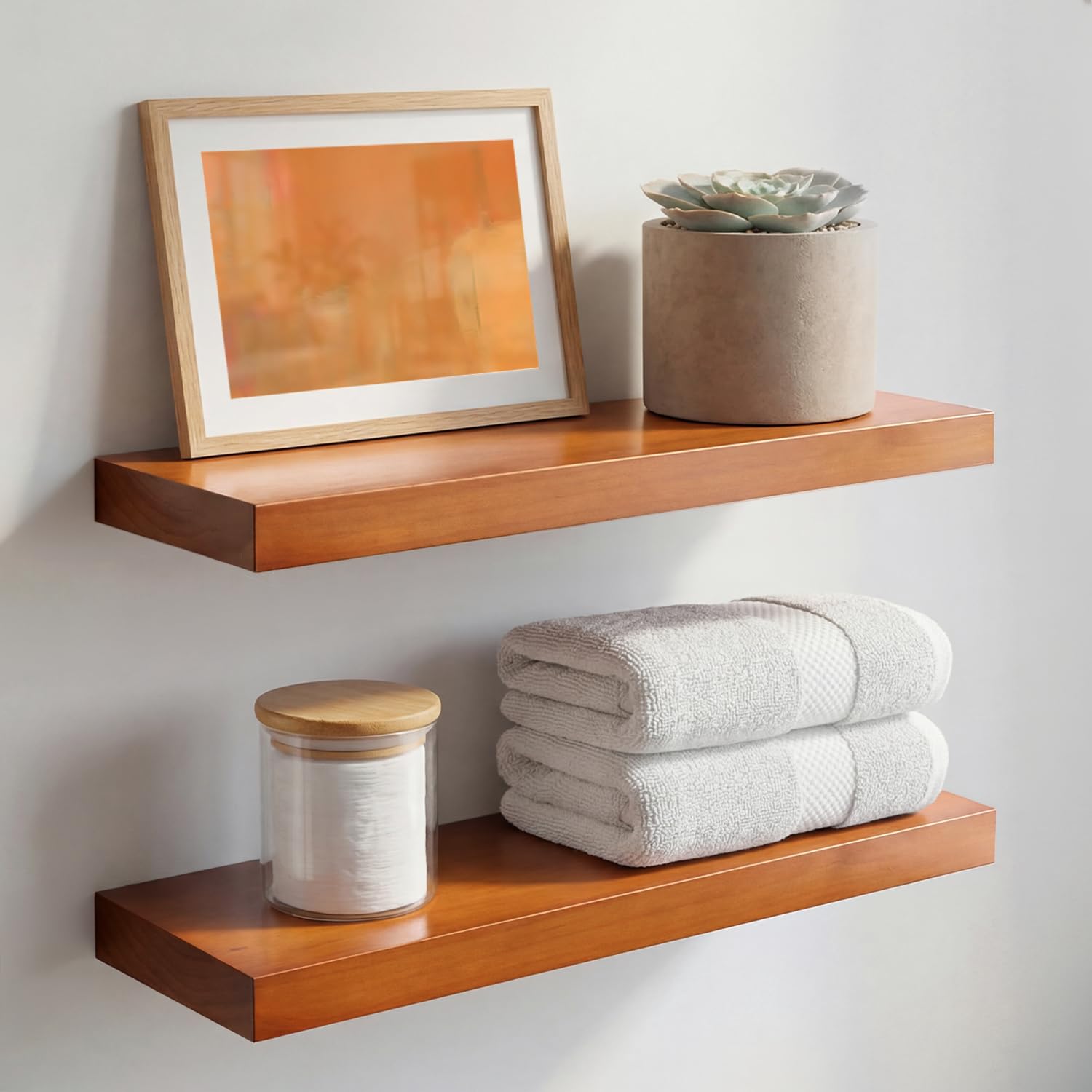 Homeforia White Floating Shelves 24 inch, High End Solid Real Wood 24inch Bathroom Floating Shelf for Wall Mounted, White Wooden 24in Floating Shelves, Heavy Duty Bracket, 24 X 6.5 X 1.75 in, Set of 2
