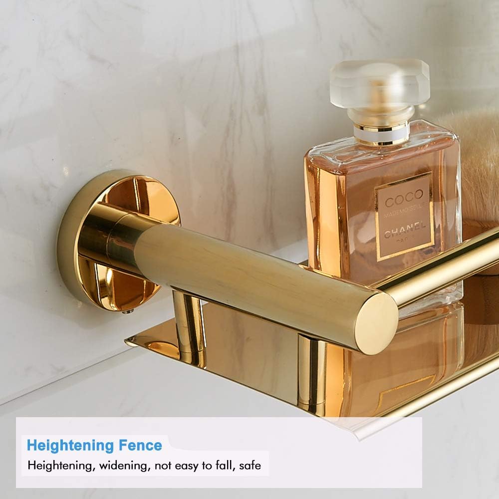 bgl Polished Gold Bathroom Shelf Wall Mounted – Shiny Rustproof Shower Storage Rack with Guard Rail, Luxury Bathroom Organiser for Shampoo, Toiletries & Bottles