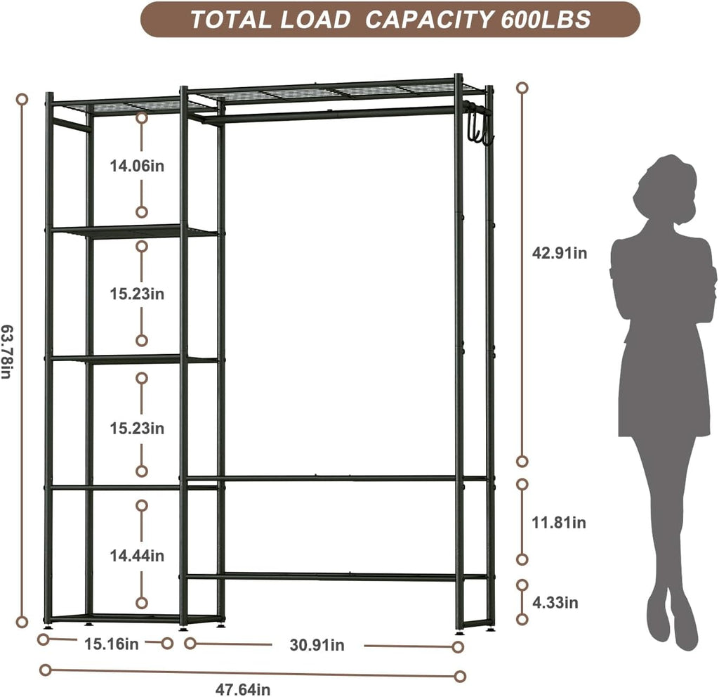 Neprock Clothes Rails for Bedroom, FreeStanding Open Wardrobe Closet with Hanging Rail, 4 Storage Shelves, 3 Hooks and 2 Bottom Shelves, Portable Metal Clothing Rack for Shoe and Clothes Storage,Black