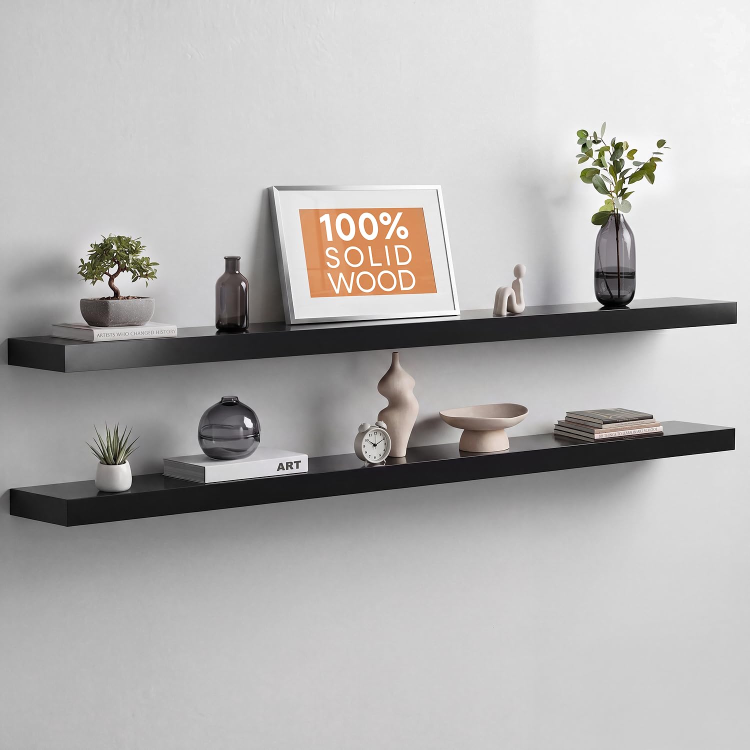 Homeforia White Floating Shelves 24 inch, High End Solid Real Wood 24inch Bathroom Floating Shelf for Wall Mounted, White Wooden 24in Floating Shelves, Heavy Duty Bracket, 24 X 6.5 X 1.75 in, Set of 2