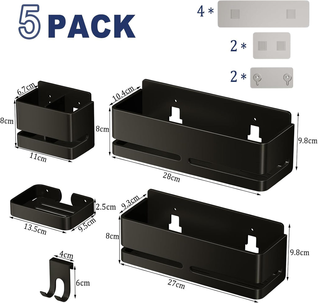 5-Piece Black No-Drill Wall Storage Rack with Soap Dish & Toothbrush Holder, Multi-use for Bathroom Kitchen