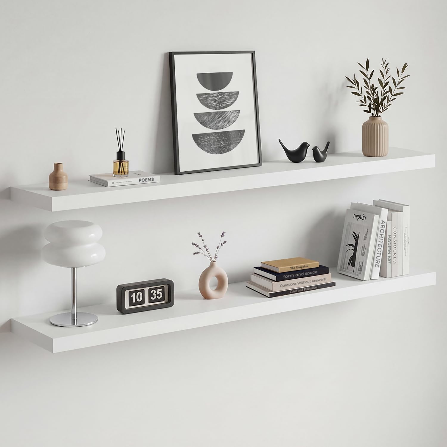 Homeforia White Floating Shelves 24 inch, High End Solid Real Wood 24inch Bathroom Floating Shelf for Wall Mounted, White Wooden 24in Floating Shelves, Heavy Duty Bracket, 24 X 6.5 X 1.75 in, Set of 2