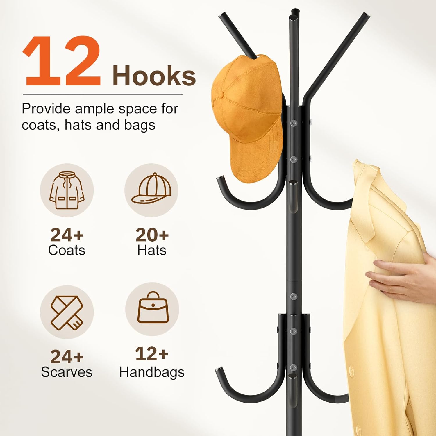 MISSLO Heavy Duty Coat Rack Freestanding with Stable Wood Base, Metal Coat Stands for Hallway & Small Space with 12 Hooks, Adjustable Clothes Hanger Stand Coat Tree for Jackets, Hats, Bags, Black
