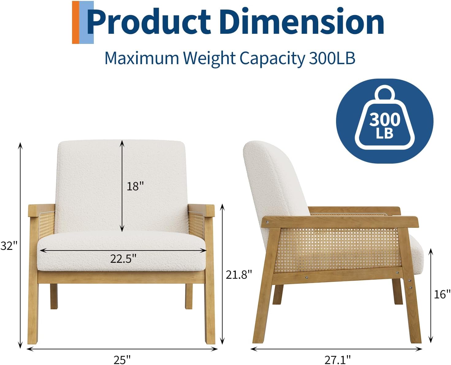 Boucle Fabric Accent Chair with Rattan Sides, Modern Living Room Armchair High Back Upholstered Reading Chair with Wide Arm, Fabric Lounge Single Sofa for Bedroom Guest Room