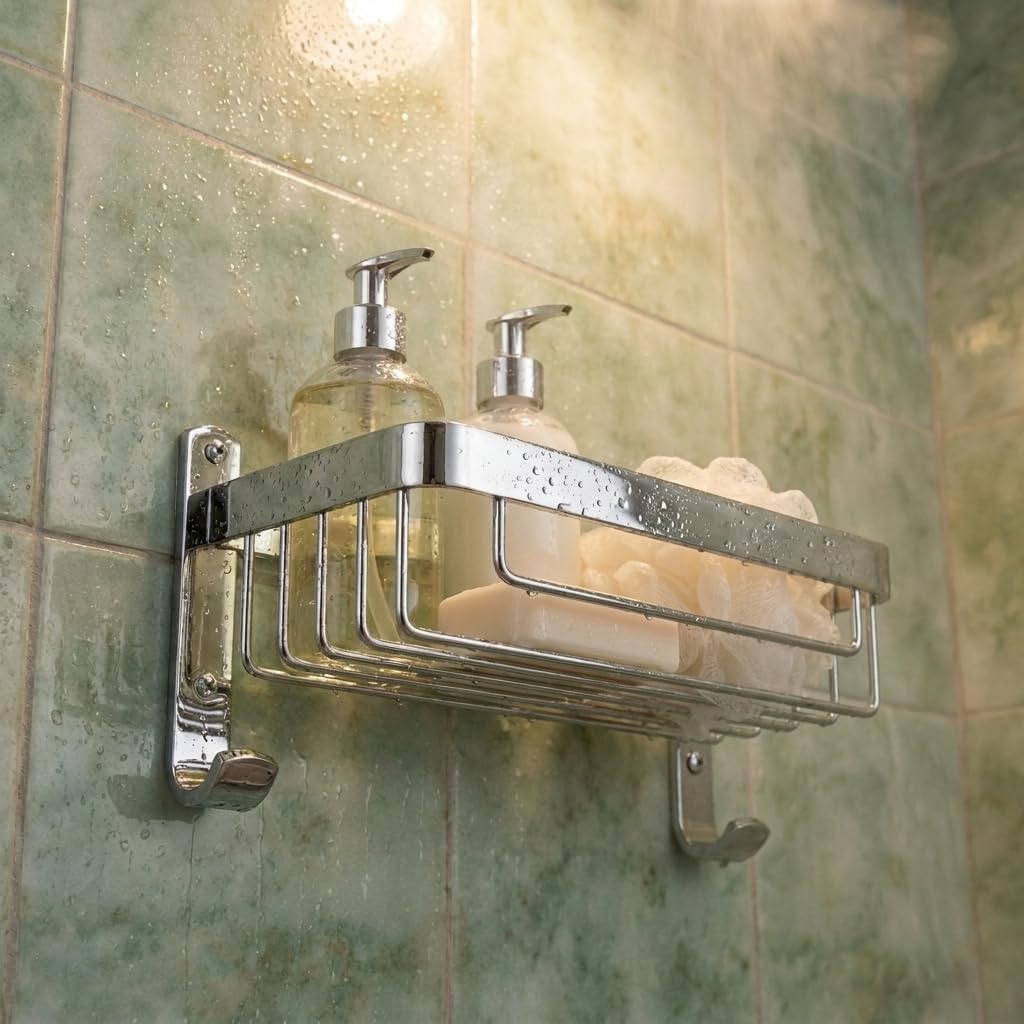 Croydex Aluminium Large Shower Caddy - Bathroom Storage Solution, Wall-Mounted Basket with Hooks, Chrome Bathroom Accessory, Rust-Free, Includes Wall Plugs & Screws, 5kg Load