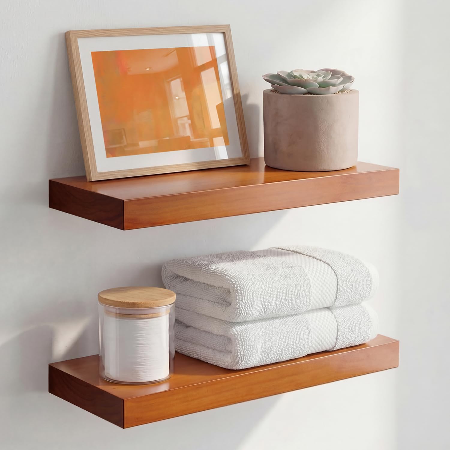 Homeforia White Floating Shelves 24 inch, High End Solid Real Wood 24inch Bathroom Floating Shelf for Wall Mounted, White Wooden 24in Floating Shelves, Heavy Duty Bracket, 24 X 6.5 X 1.75 in, Set of 2