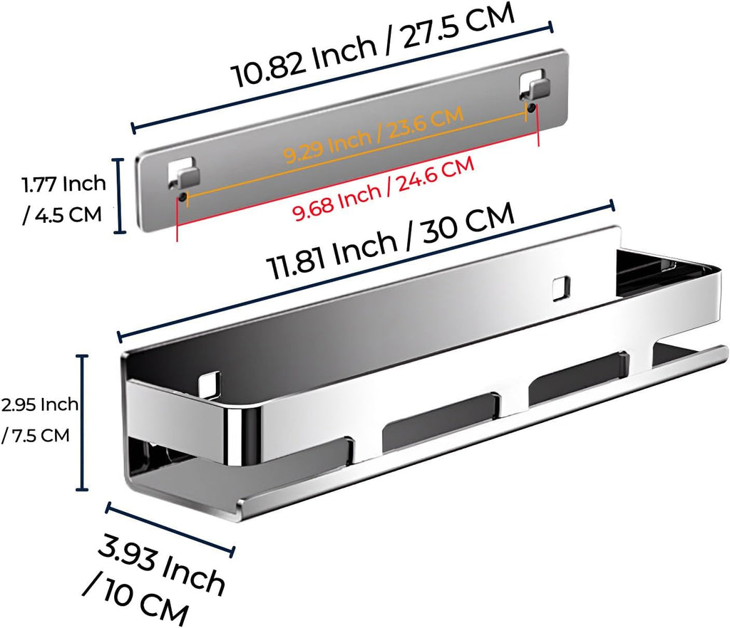 30cm Chrome 304 Stainless Steel Shower Caddy, Rust-Proof Wall Shelf for Bathroom & Kitchen