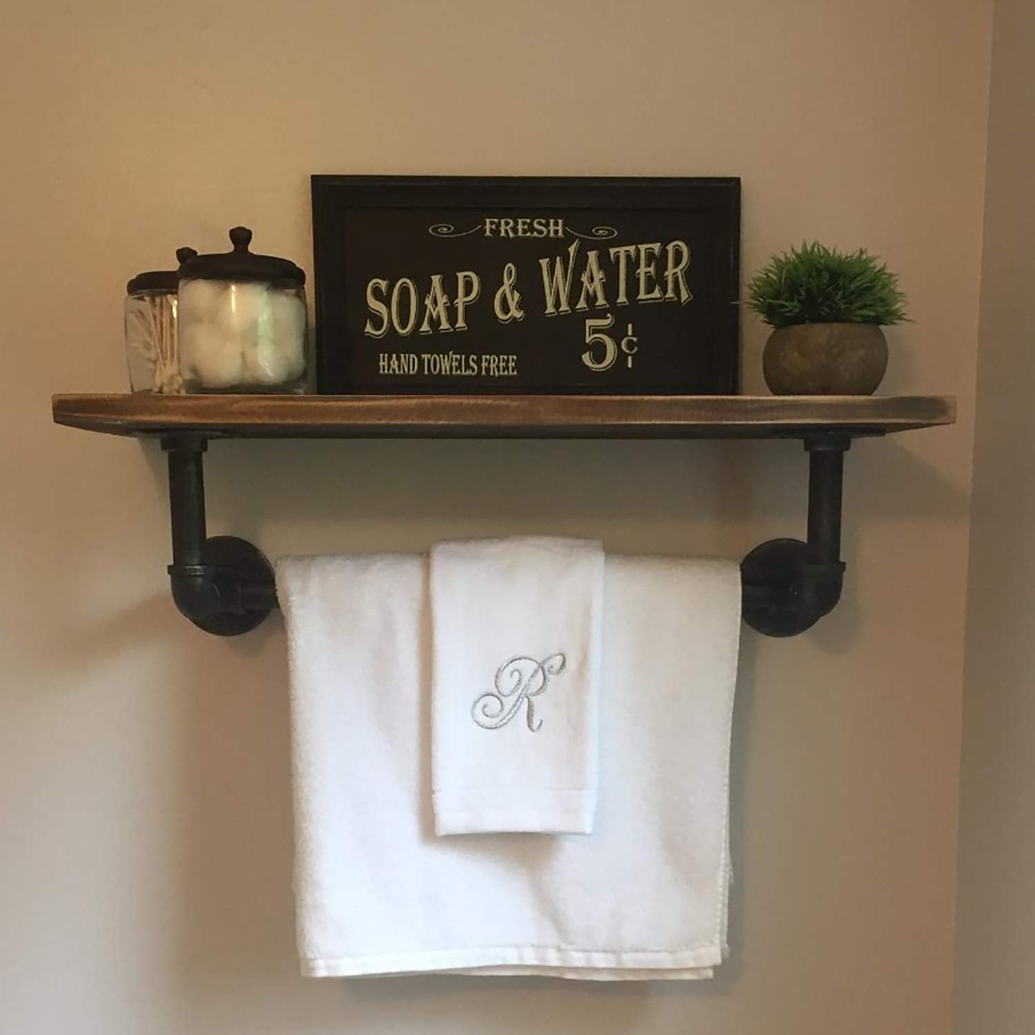 MBQQ Shelving Bathroom Pipe Shelves with Towel Bar Over Toilet, 24 inch Pine Wood Floating Shelves for Wall Mounted Bedroom,Kitchen, Farmhouse, Living Room